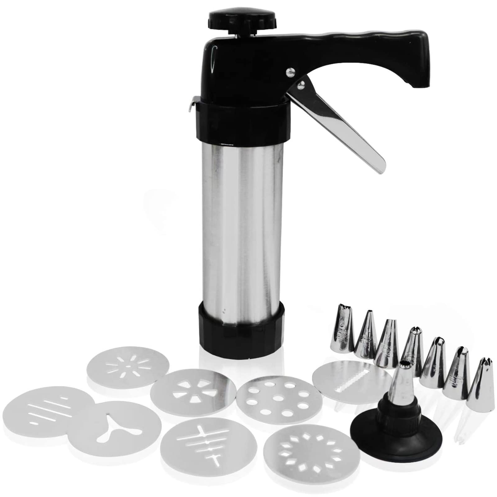 Stainless Steel Cookie Press Kit with 8 Discs & 8 Nozzles - Cookie Gun for Baking, Decorating & DIY Holiday Cookies - Perfect for Christmas, Wedding & Party Dessert Making
