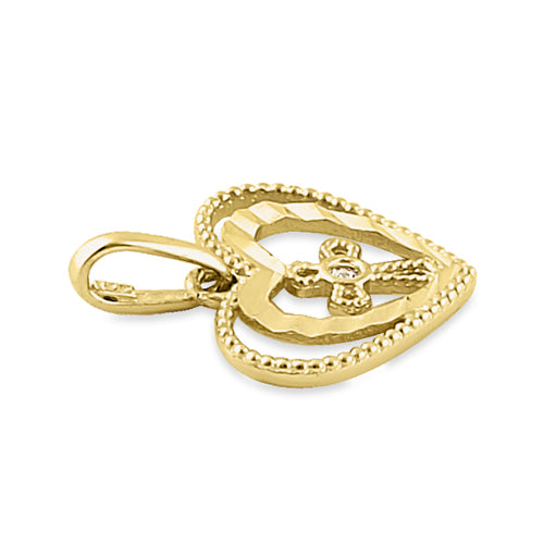 14K Yellow Gold Double Heart Cross Pendant with Clear CZ Stones - Elegant Religious Jewelry for Women, Perfect for Gifts, Weddings & Everyday Wear
