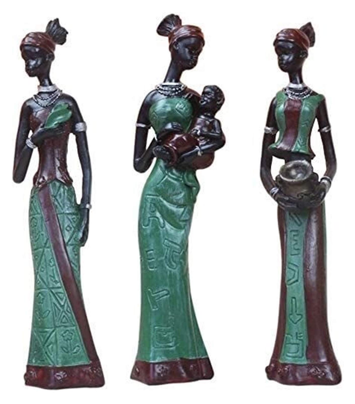 African Tribal Lady Sculpture Set - 3-Piece Standing Figurines, Handcrafted Home Decor, Desktop Display for Living Room & Office | Green Collectible Art Statues