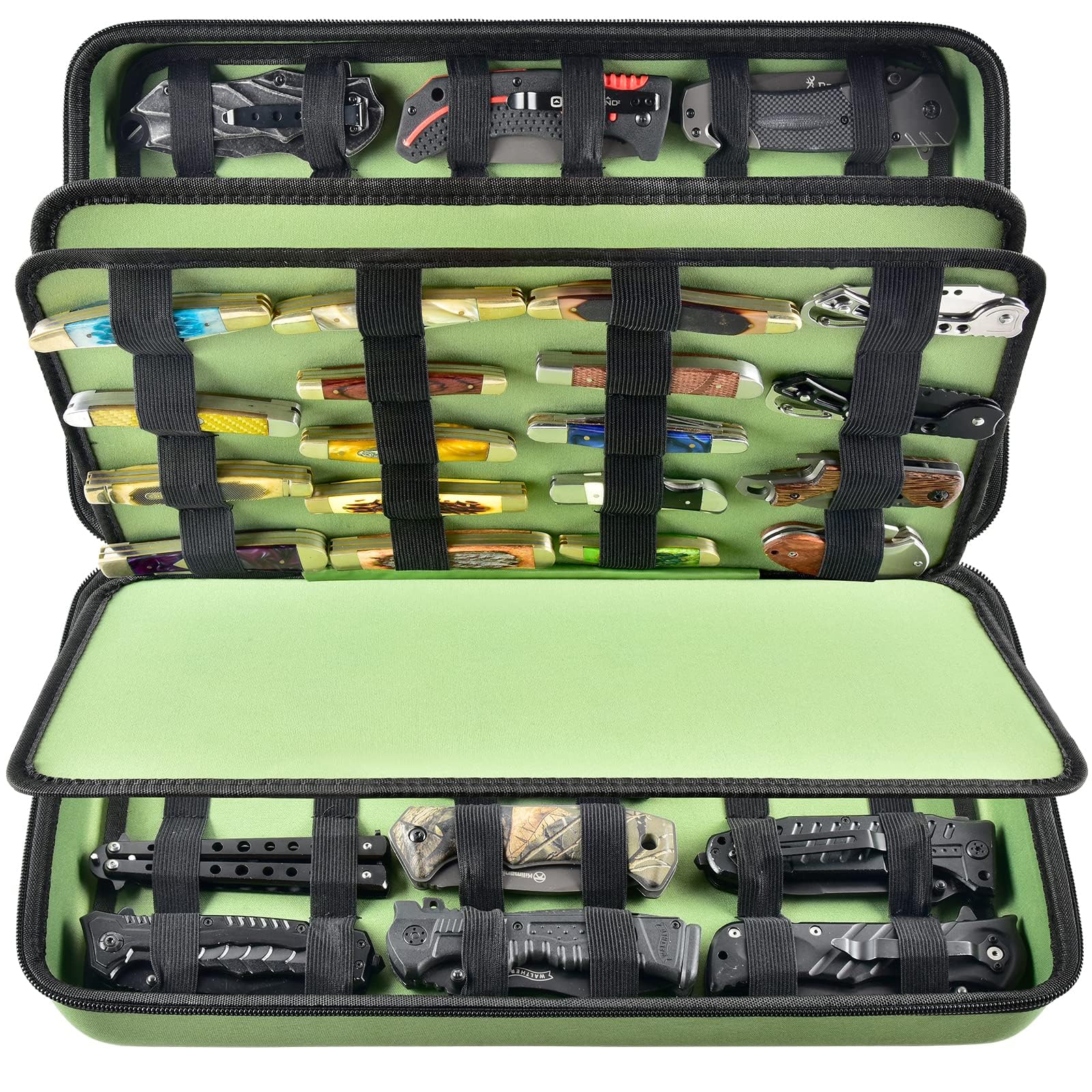 66+ Pocket Knives Display Case - Folding Knife Holder & Butterfly Knife Storage Organizer | Tactical Roll Collection Pouch for EDC, Survival & Outdoor Use | Compact Knife Carrier Bag in Green