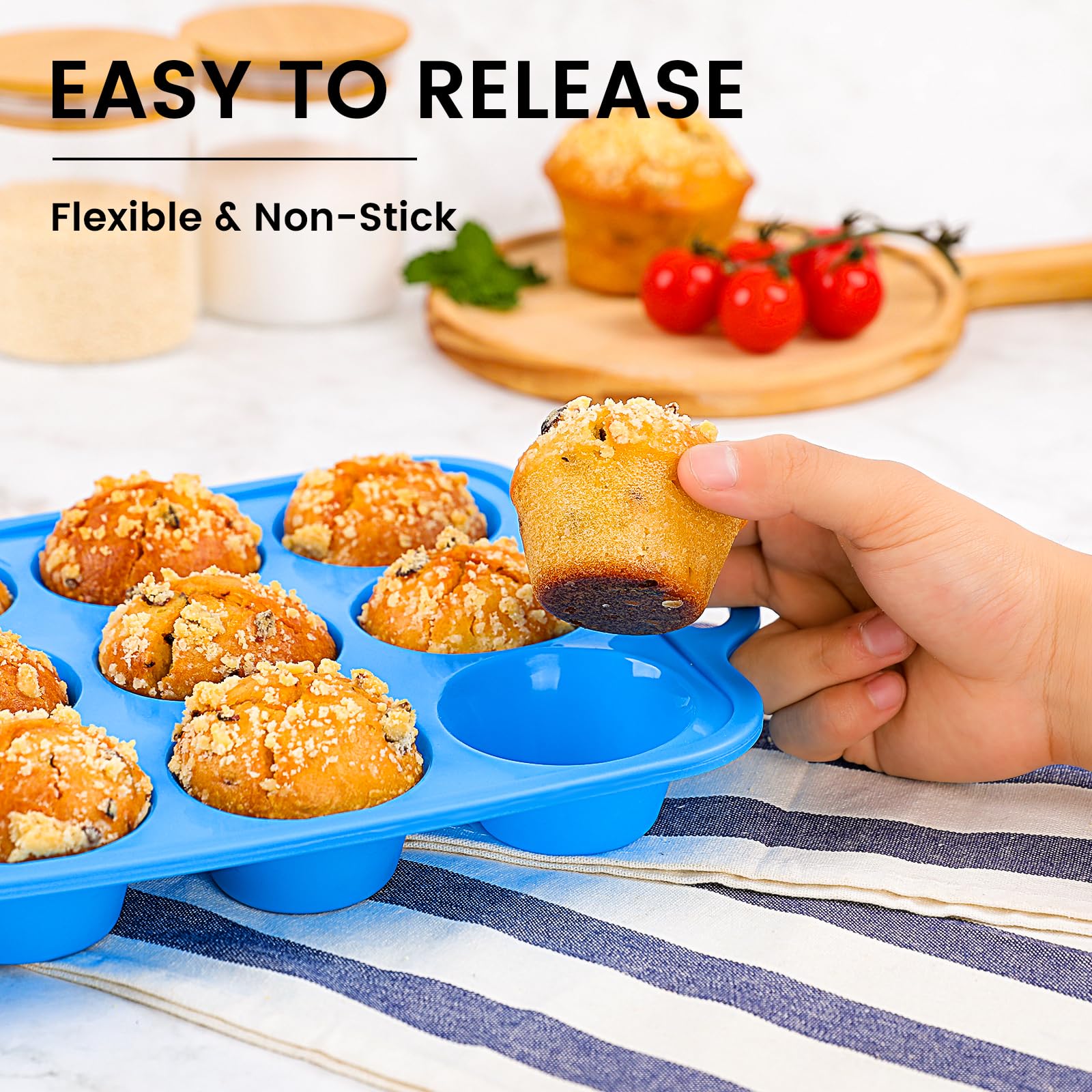 1Pack 12-Cup Silicone Muffin Pan with Metal Reinforced Frame - BPA Free, Oven & Dishwasher Safe Cupcake Baking Tray - Perfect for Home Baking, Party Desserts & Meal Prep (Blue)