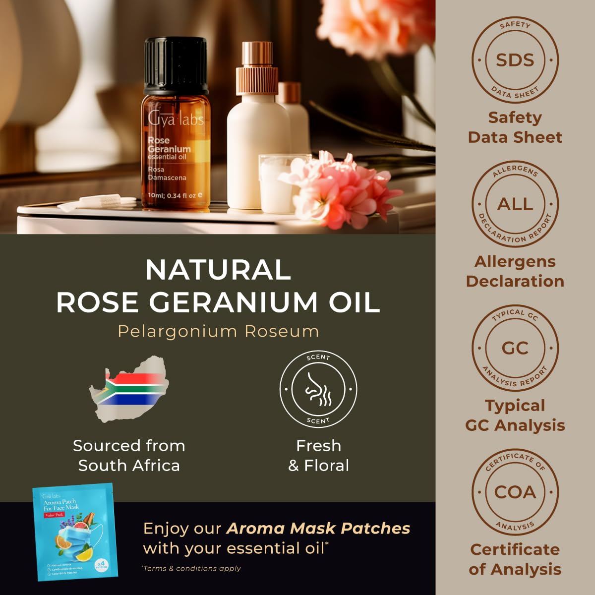 **100% Pure Rose Geranium & Vanilla Essential Oil Set - Natural Aromatherapy Grade for Skin Care & Diffuser - 2x0.34 fl oz - Gya Labs - Perfect for Relaxation, Massage & Home Fragrance**