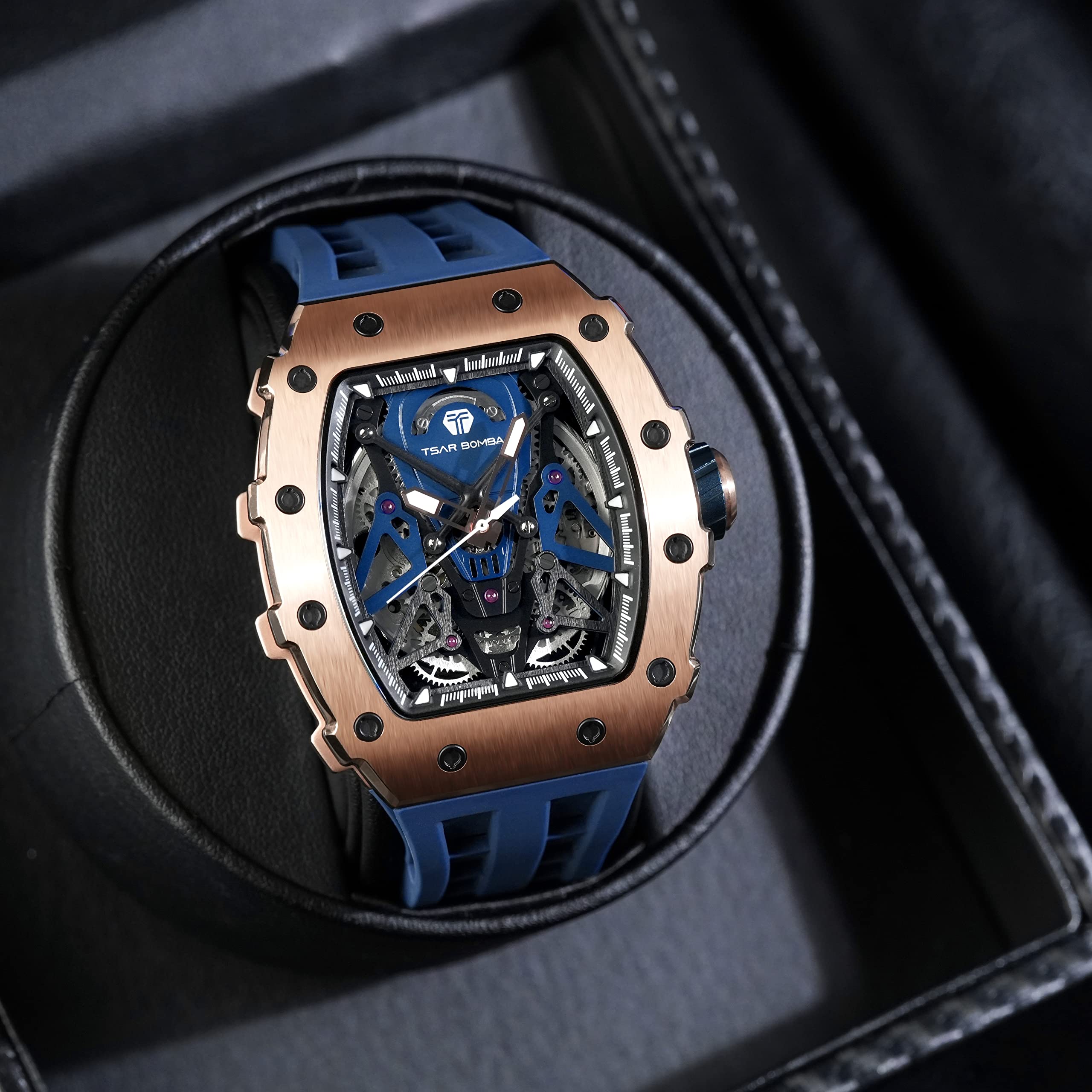 TSAR BOMBA Luxury Men's Watch - 50M Waterproof Tonneau Chronograph with Silicone Band & Mechanical Movement - Perfect for Business, Casual Wear & Gifts for Him