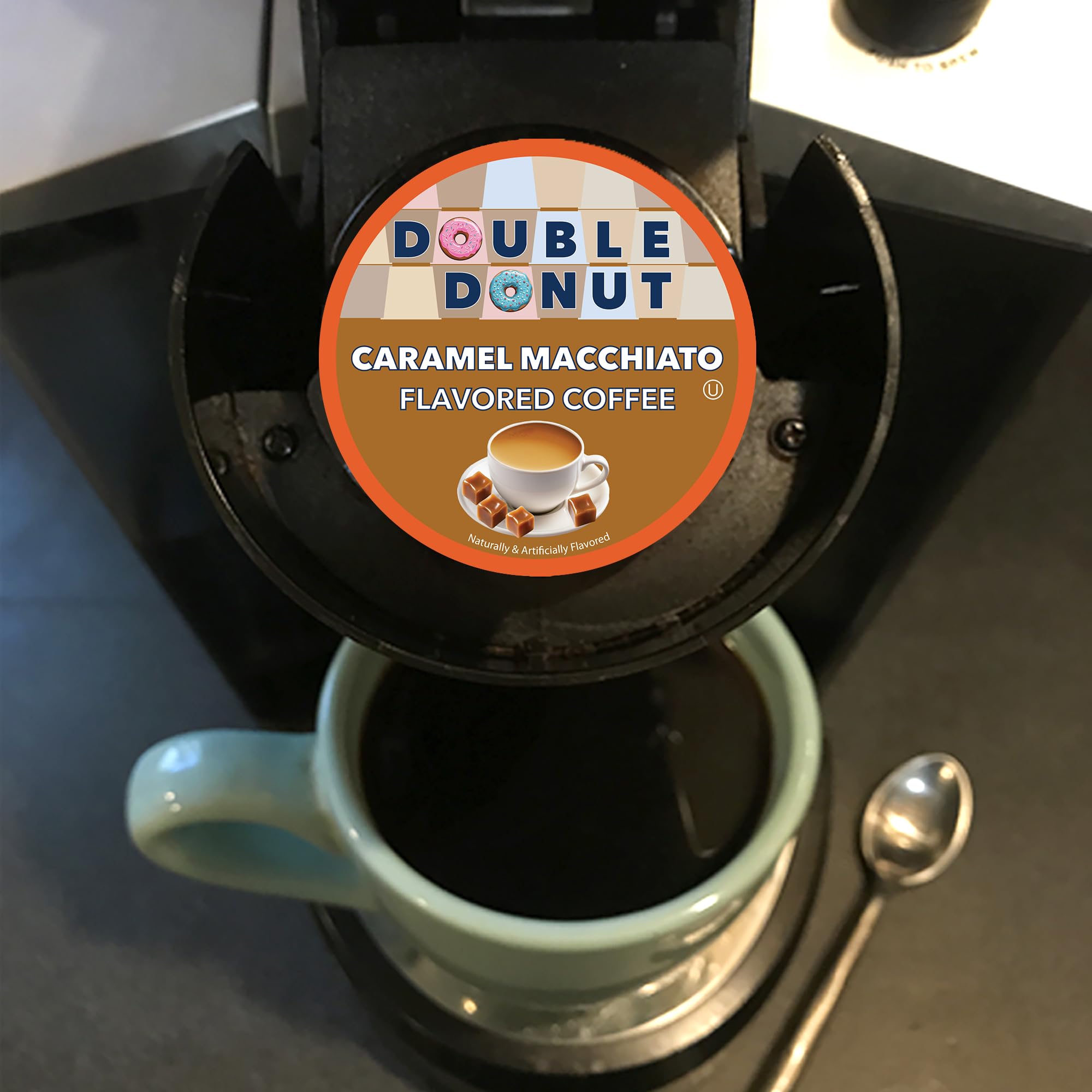 Double Donut Flavored Coffee Pods - Caramel Macchiato & Caramel Coffee for Keurig K-Cups | Medium Roast, Recyclable Pods (24 Count) | Perfect for Office, Home & Gift Giving