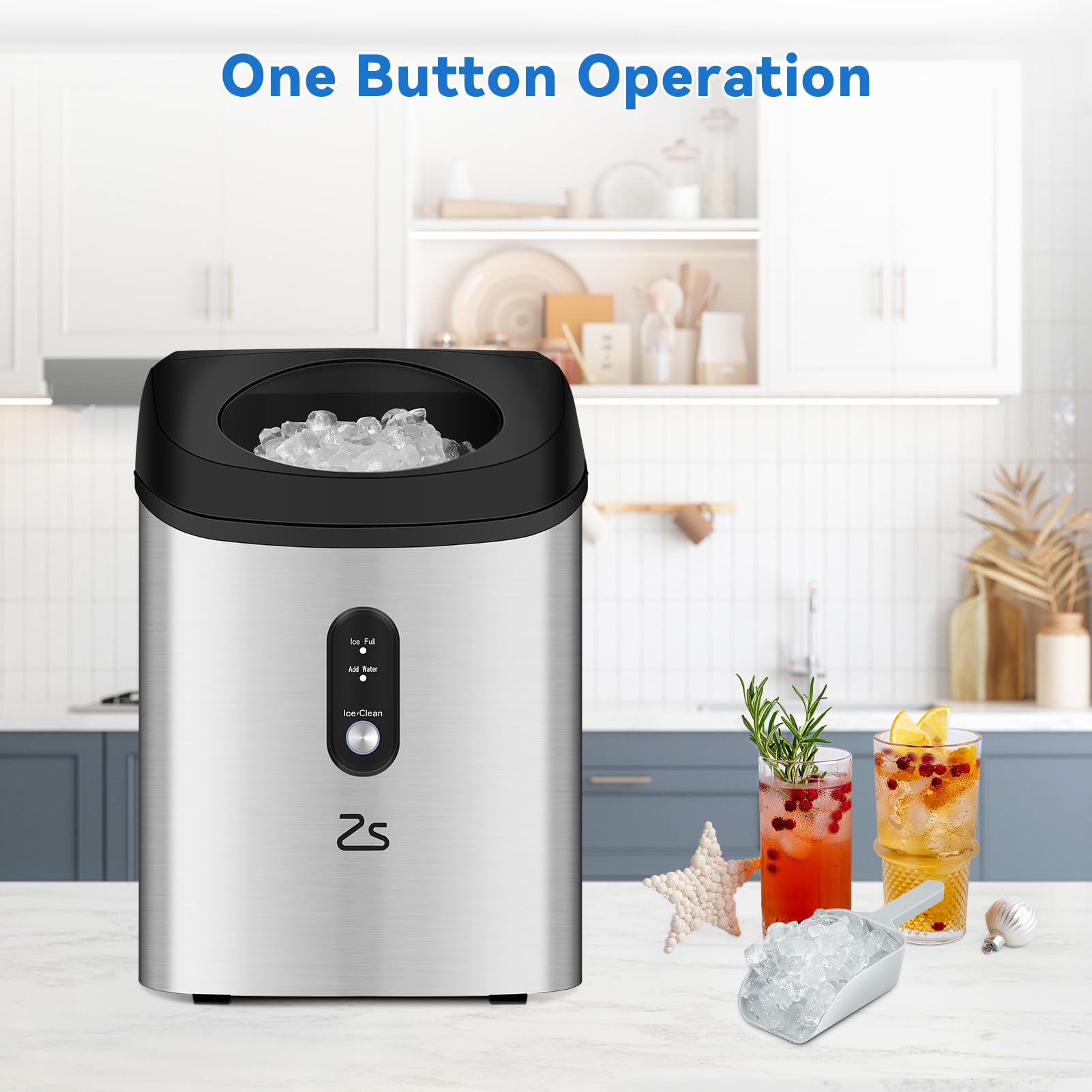 Zstar Countertop Nugget Ice Maker - 33Lbs/Day Soft Chewable Ice Machine with Self-Cleaning & Timer, Includes Ice Scoop & Basket - Perfect for Kitchen, Office, Bar, RV, and Outdoor Entertaining