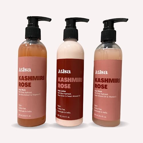 Atisa Kashmiri Rose Body Wash, Body Lotion & Hand Wash Gift Set (3-Piece) - Hydrating & Fragrant for Dry Skin, Daily Shower & Hand Care Routine