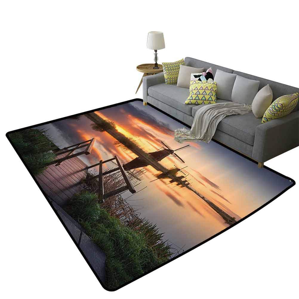 Rustic Dutch Windmill Landscape Area Rug 5'x8' (150x240cm) - Traditional Orange & Blue Photo Print for Apartment Decor, Living Room, Bedroom, Office