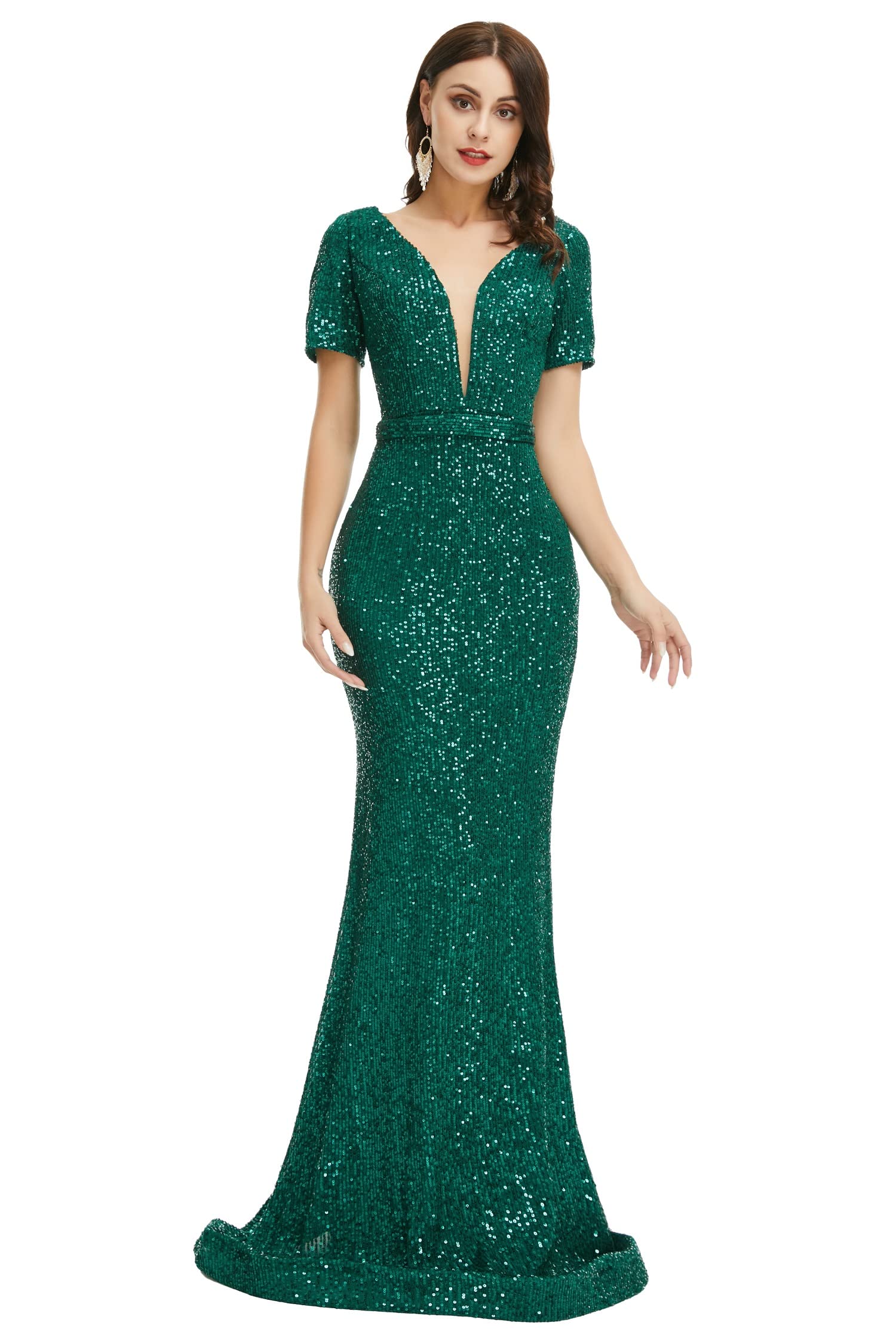 Sparkly Sequin Mermaid Evening Dress for Women - V-Neck Short Sleeve Prom Party Gown, Formal Bridesmaid & Wedding Guest Dress - Perfect for Cocktail Parties, Galas & Special Occasions