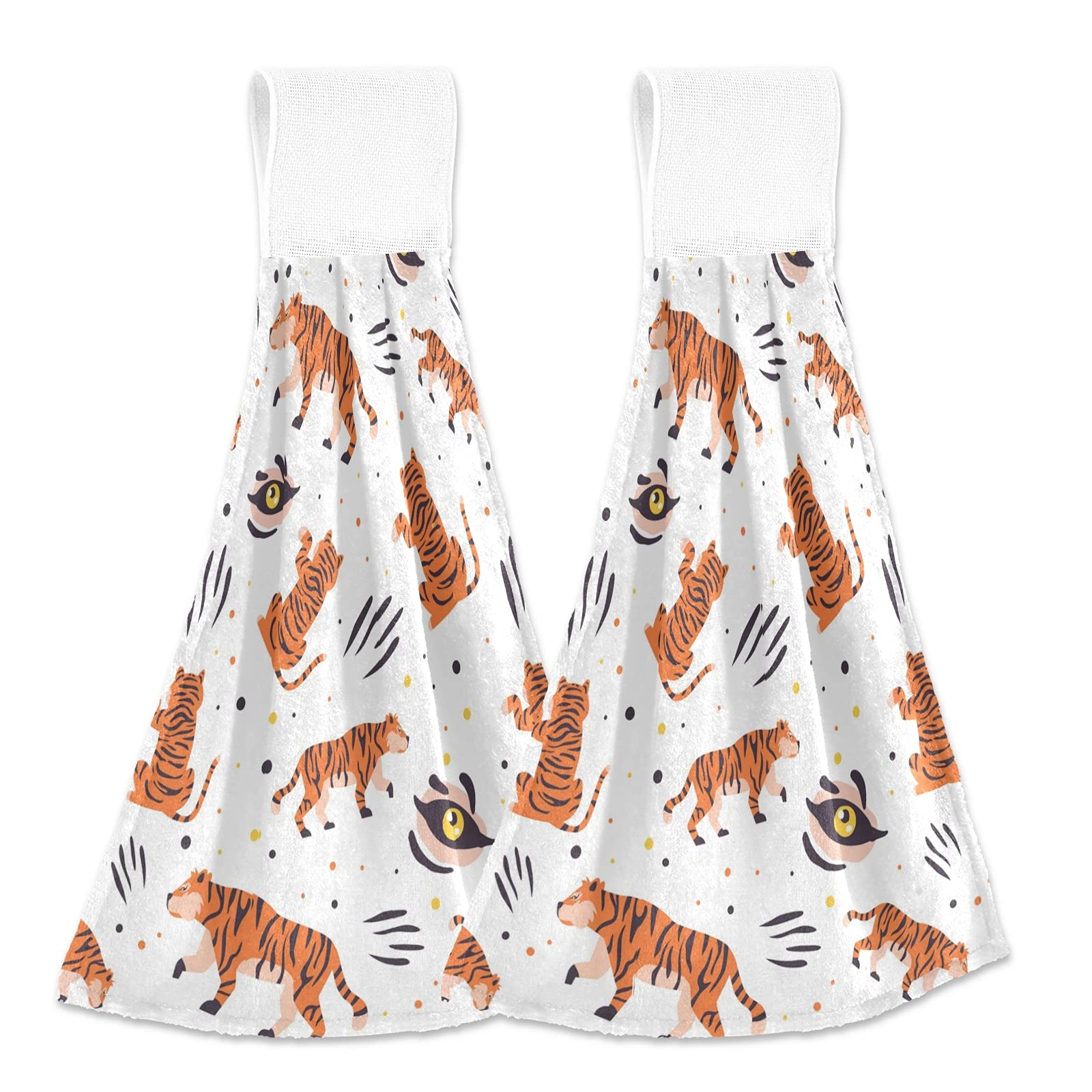2 Pack Hanging Kitchen Hand Towels with Loops - Absorbent Tiger Print Decorative Towels for Bathroom, Laundry Room & Kitchen - Perfect for Drying Dishes, Wiping Hands & Home Decor