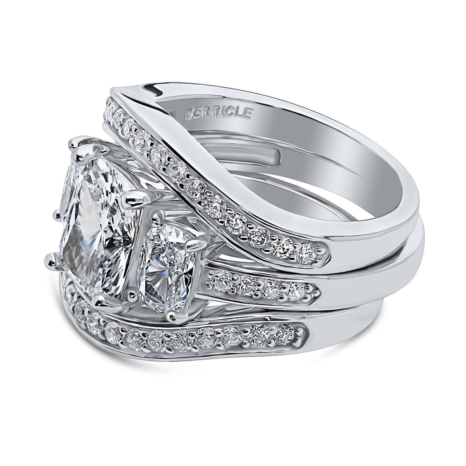 BERRICLE Sterling Silver 3-Stone Wedding & Engagement Ring Set - 2.6 Carat Cushion Cut Cubic Zirconia CZ for Women - Rhodium Plated Size 4-10 - Perfect for Proposals, Anniversaries & Special Occasions