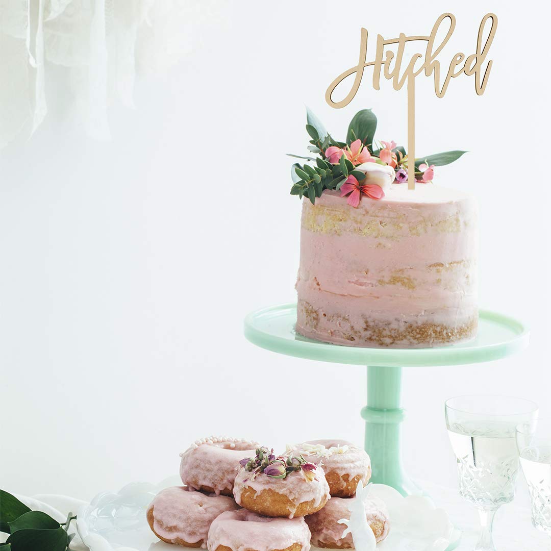 Elegant Laser-Cut Wood 'Hitched' Cake Topper - Rustic to Traditional Wedding Cake Decor, Calligraphy Script Design - Perfect for Wedding Cakes, Anniversary Cakes & Bridal Shower Desserts