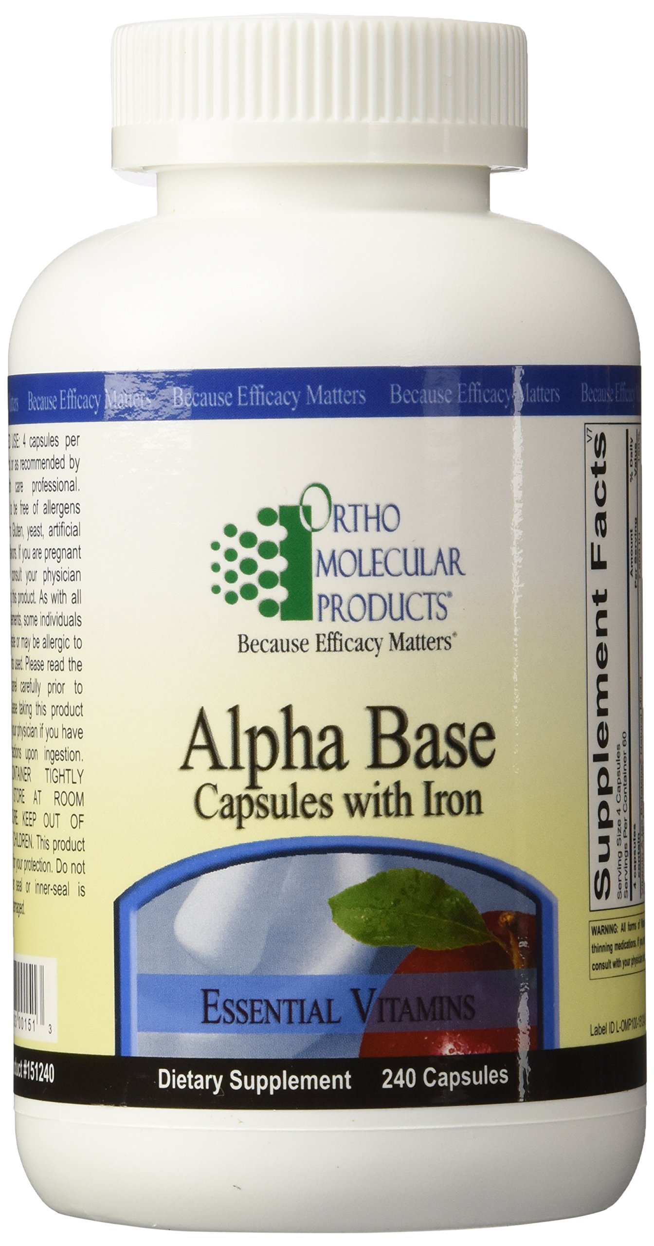 Ortho Molecular Products Alpha Base Multivitamin Capsules with Iron - 240 Count for Daily Energy & Immune Support - Perfect for Active Lifestyles & Nutritional Supplementation