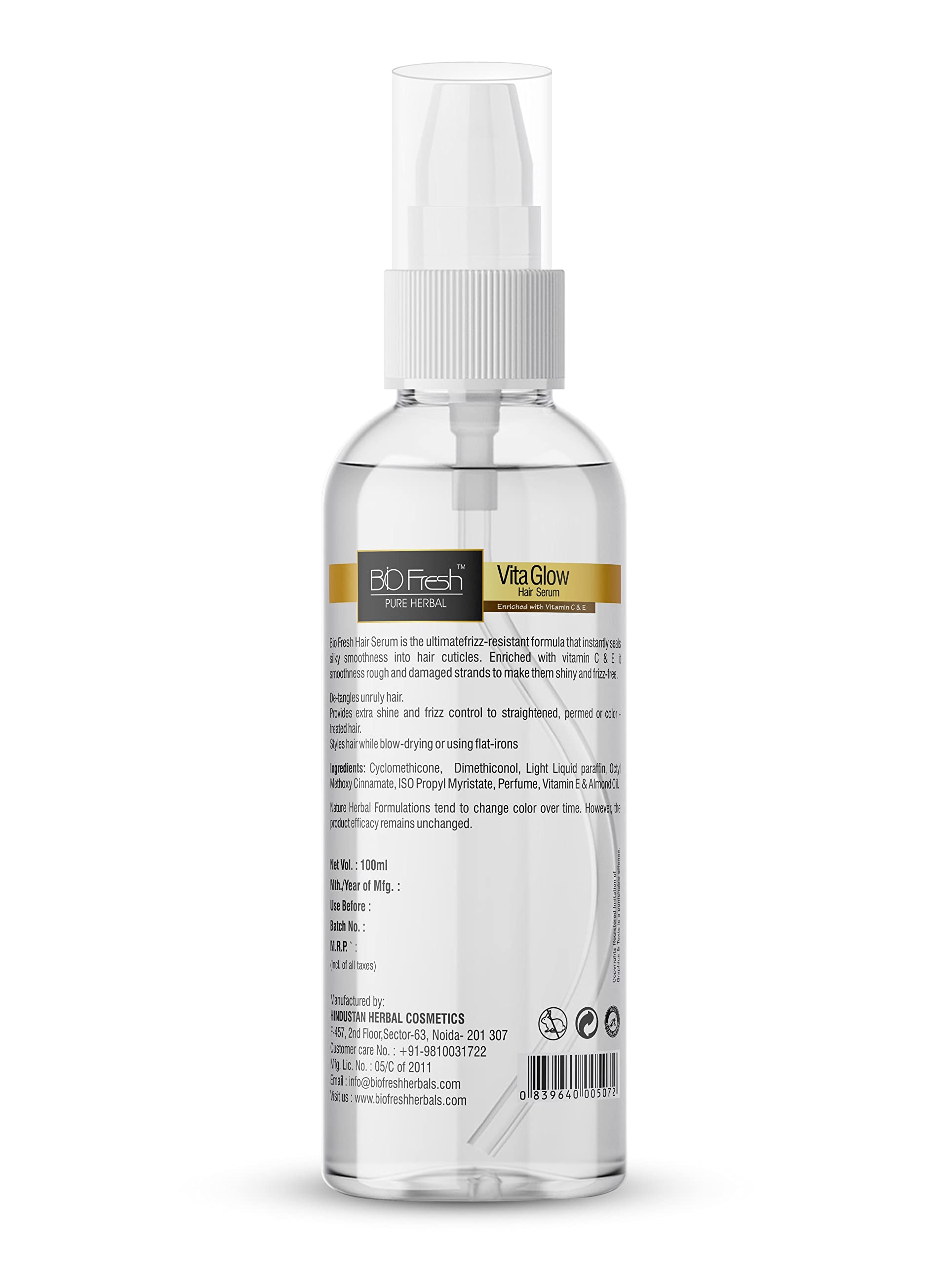 BIOFRESH HERBALS Vita Glow Hair Serum - 100ml Vitamin C & E Enriched Treatment for Dry, Frizzy & Unmanageable Hair - Instant Shine & Smoothness for Men & Women - Perfect for Daily Hair Care & Styling (Pack of 1)