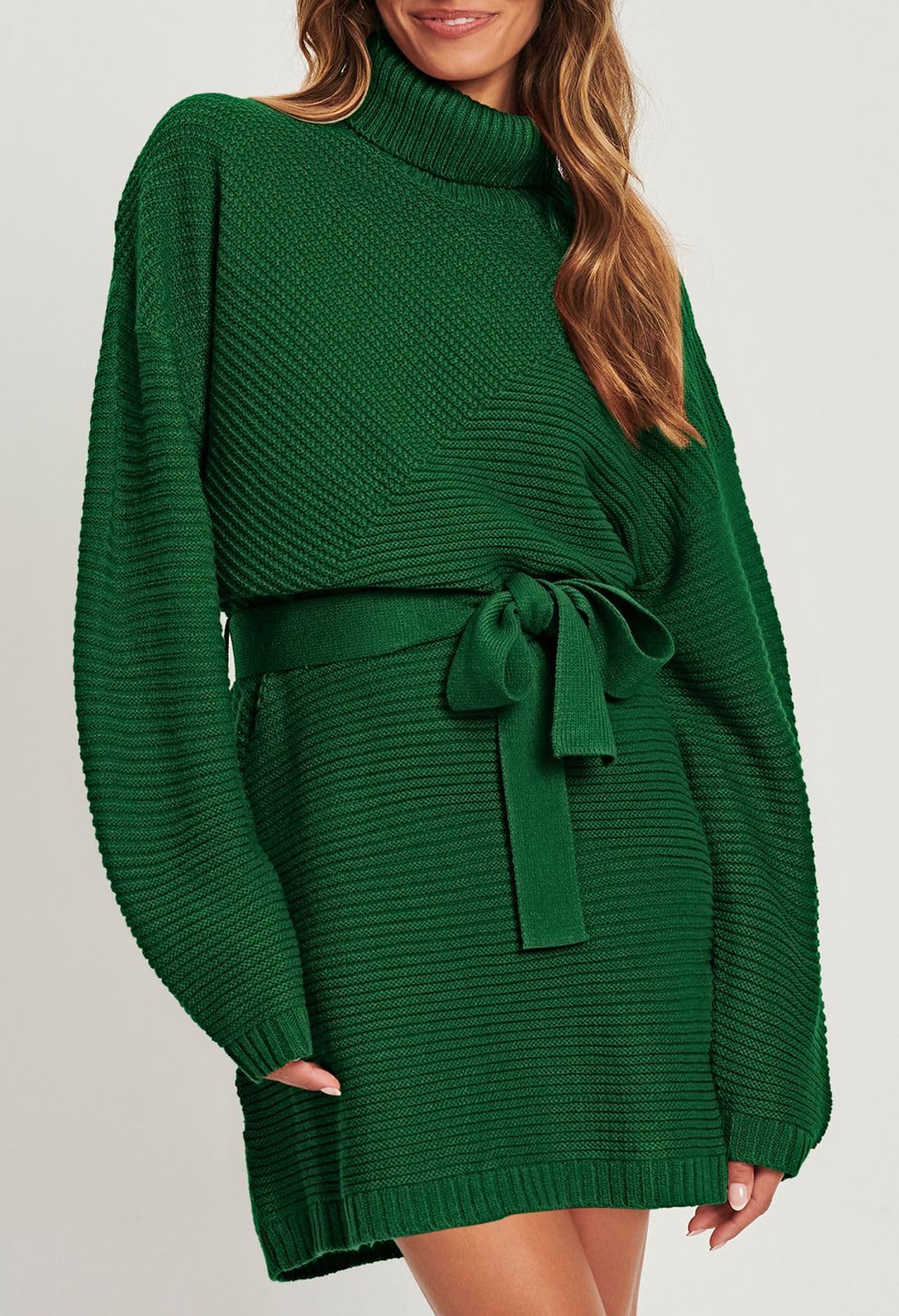 Pink Queen Women's Winter Sweater Dress - Cute High Neck Batwing Sleeve Ribbed Knit Mini Dress with Belt in Green | Cozy Loose Fit for Holiday Parties & Casual Outings