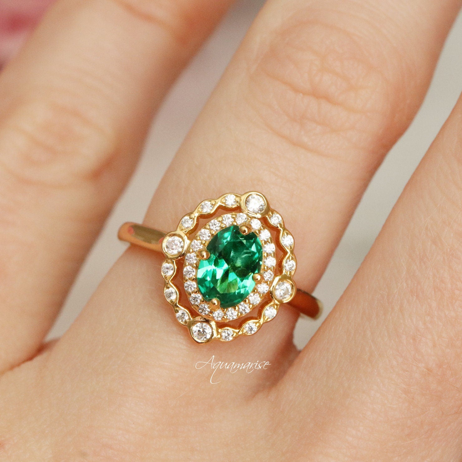 Valentina Emerald Ring - 14K Yellow Gold Vermeil Engagement Ring for Women, Elegant Green Gemstone Jewelry Gift for Her - Perfect for Weddings, Anniversaries & Special Occasions