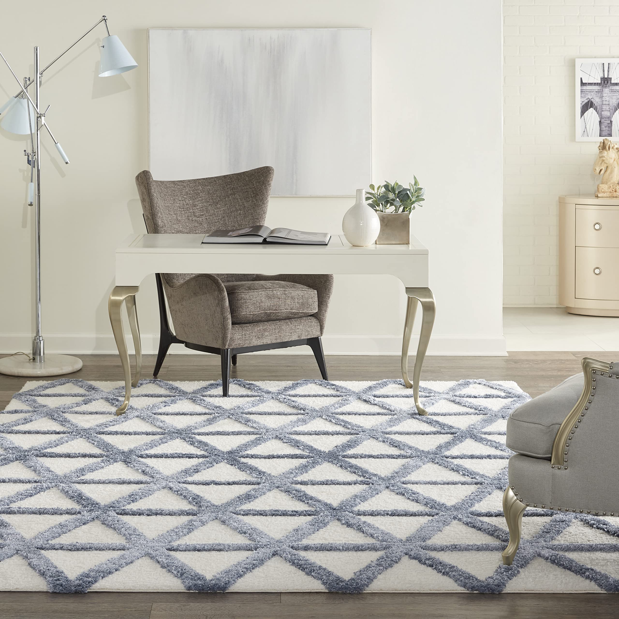 Nourison Melfi Modern Ivory Blue 8x10 Area Rug - Easy Clean, Non-Shedding, Stain Resistant for Living Room, Bedroom, Dining Room & Kitchen | Soft & Durable Home Decor for High Traffic Areas