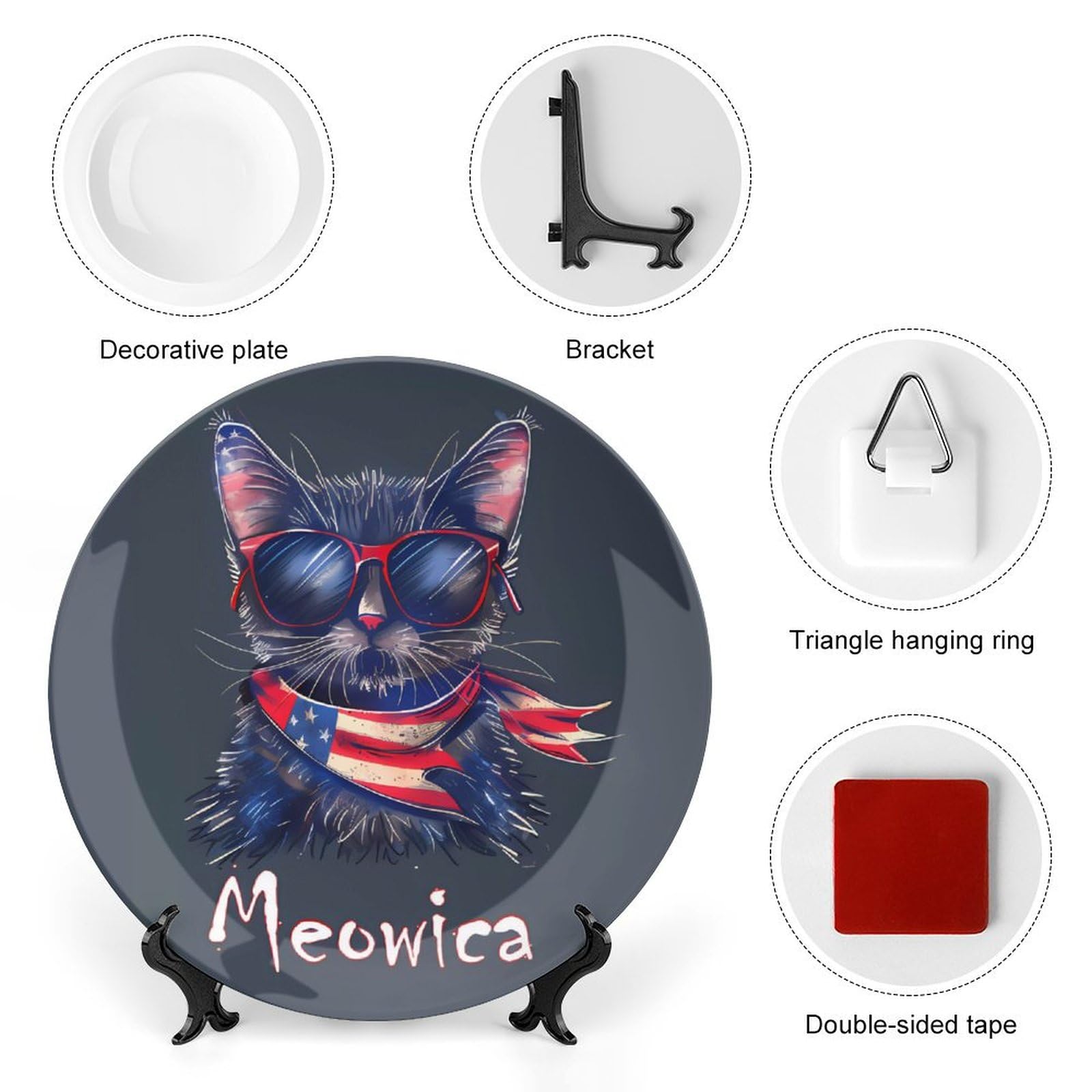 Meowica Patriotic Cat 4th of July Ceramic Decorative Plates - American Flag Themed Display Ornaments & Dinner Plates with Stand for Kitchen, Home Decor - Perfect for Independence Day Celebrations, Party Table Settings & Patriotic Home Decorations