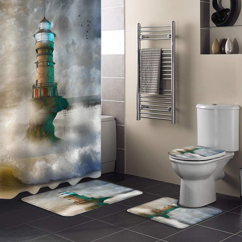 Non-Slip Lighthouse Ocean Waves Bath Rug Set - 4 Piece Bathroom Mat with Shower Curtain, Toilet Cover & Lid - Funny Coastal Decor for Bathroom Safety & Style - Perfect for Nautical Theme Bathrooms & Beach House Decor
