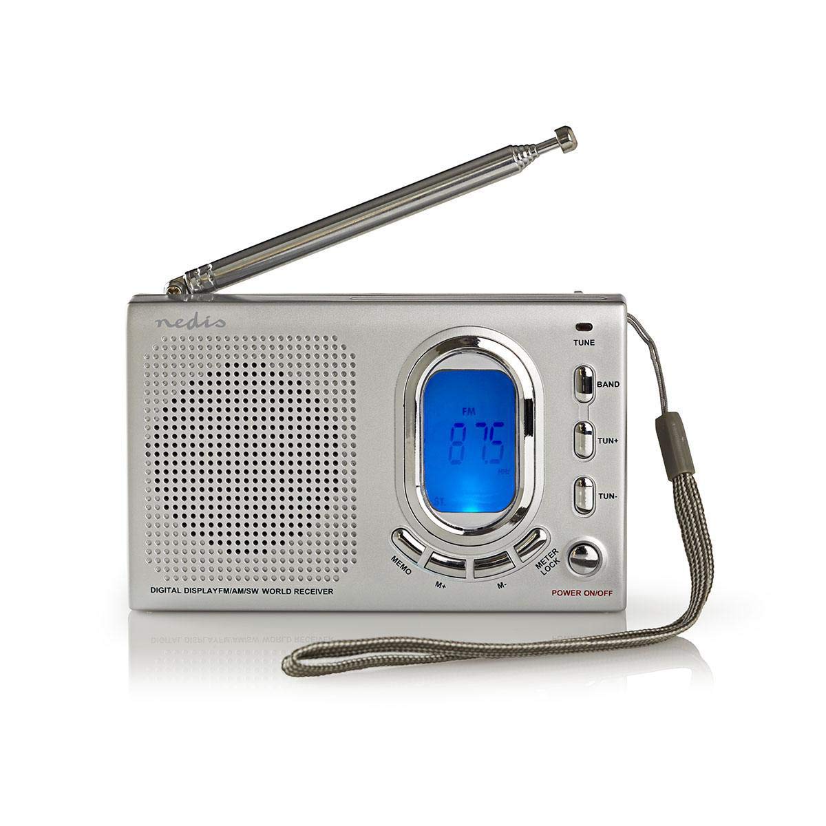Nedis Portable AM/FM/SW World Radio Receiver with Alarm Clock, LED Display & Headphone Jack | Battery Powered 1.5W Grey | Perfect for Travel, Emergency, Home & Outdoor Use
