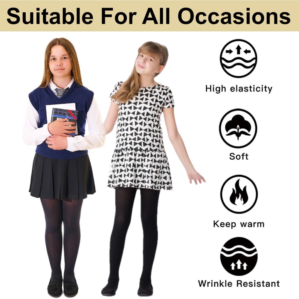 Purdashian Girls' Back to School Tights - 3 Pack Black or Grey Opaque Cotton Tights | Soft, Warm & Stretchy for School Uniforms | Perfect for Everyday Wear, Winter Layering & Dance Classes