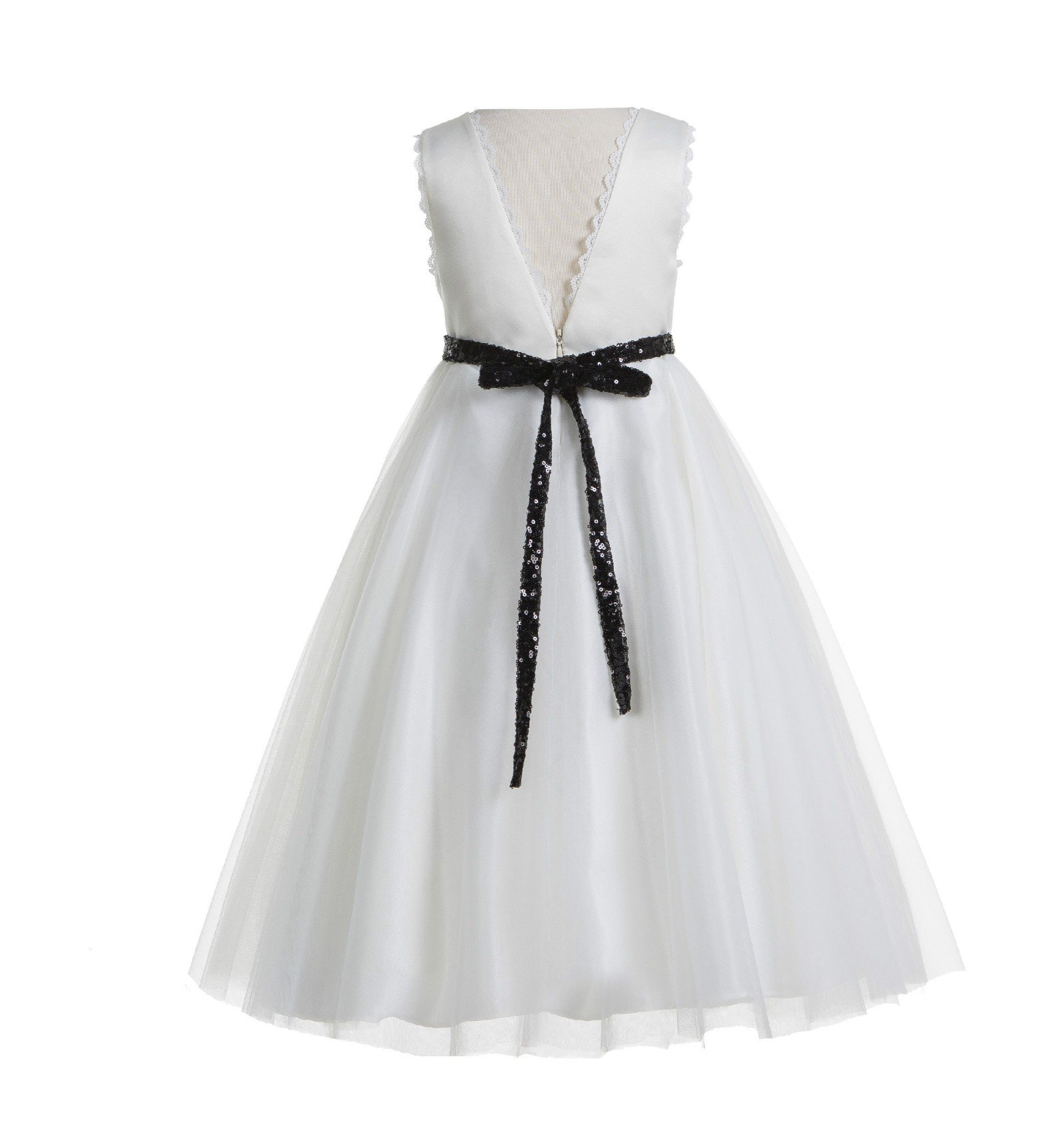 Elegant V-Back Lace Flower Girl Dress - White Communion & Baptism Gown for Girls | Perfect for Weddings, First Holy Communion & Special Occasions