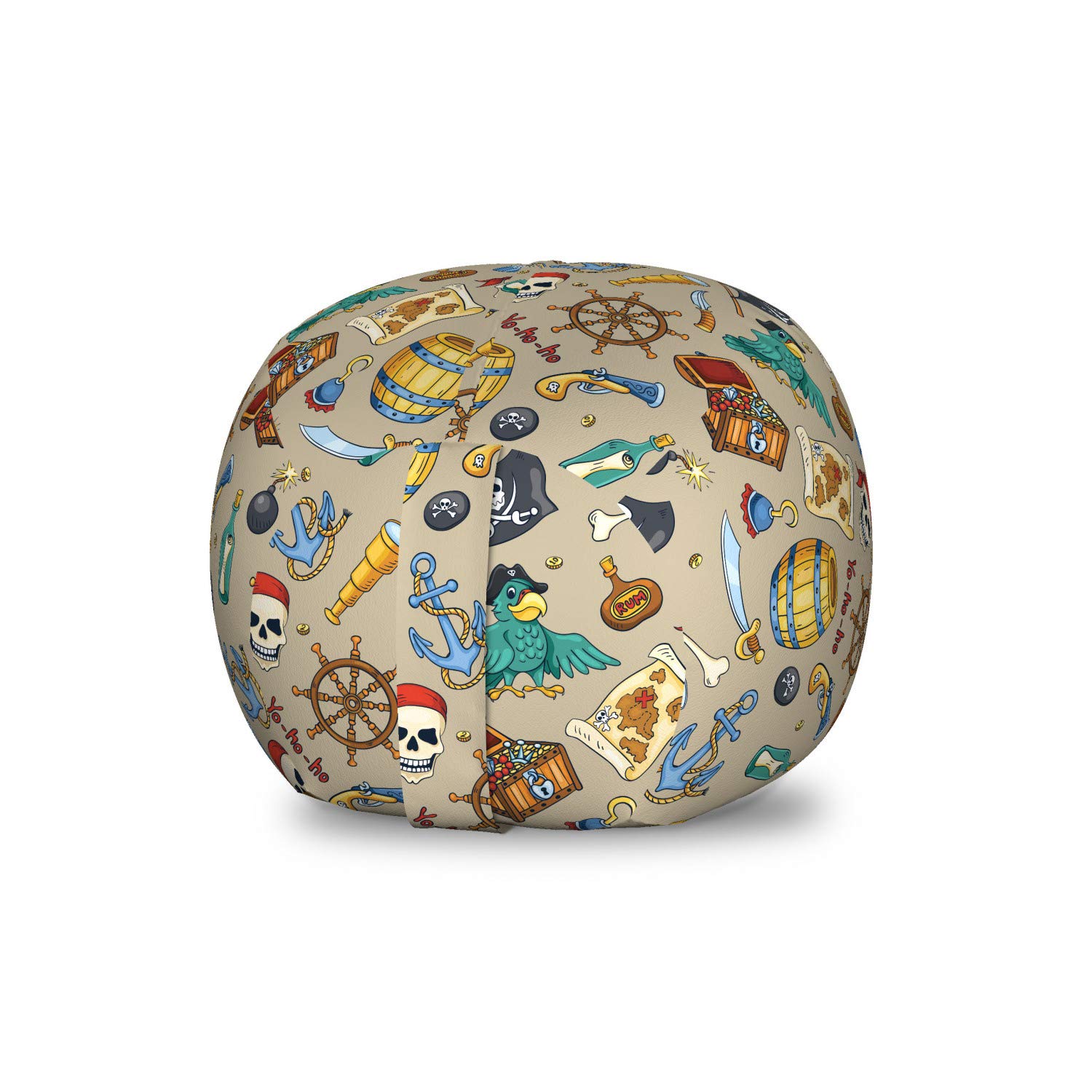 Ambesonne Pirates Toy Storage Bag Chair - Cheerful Cartoon Design with Adventure Sea Travel Theme, Washable Stuffed Animal Organizer, Small Size in Tan & White - Perfect for Kids' Room, Playroom & Toy Organization