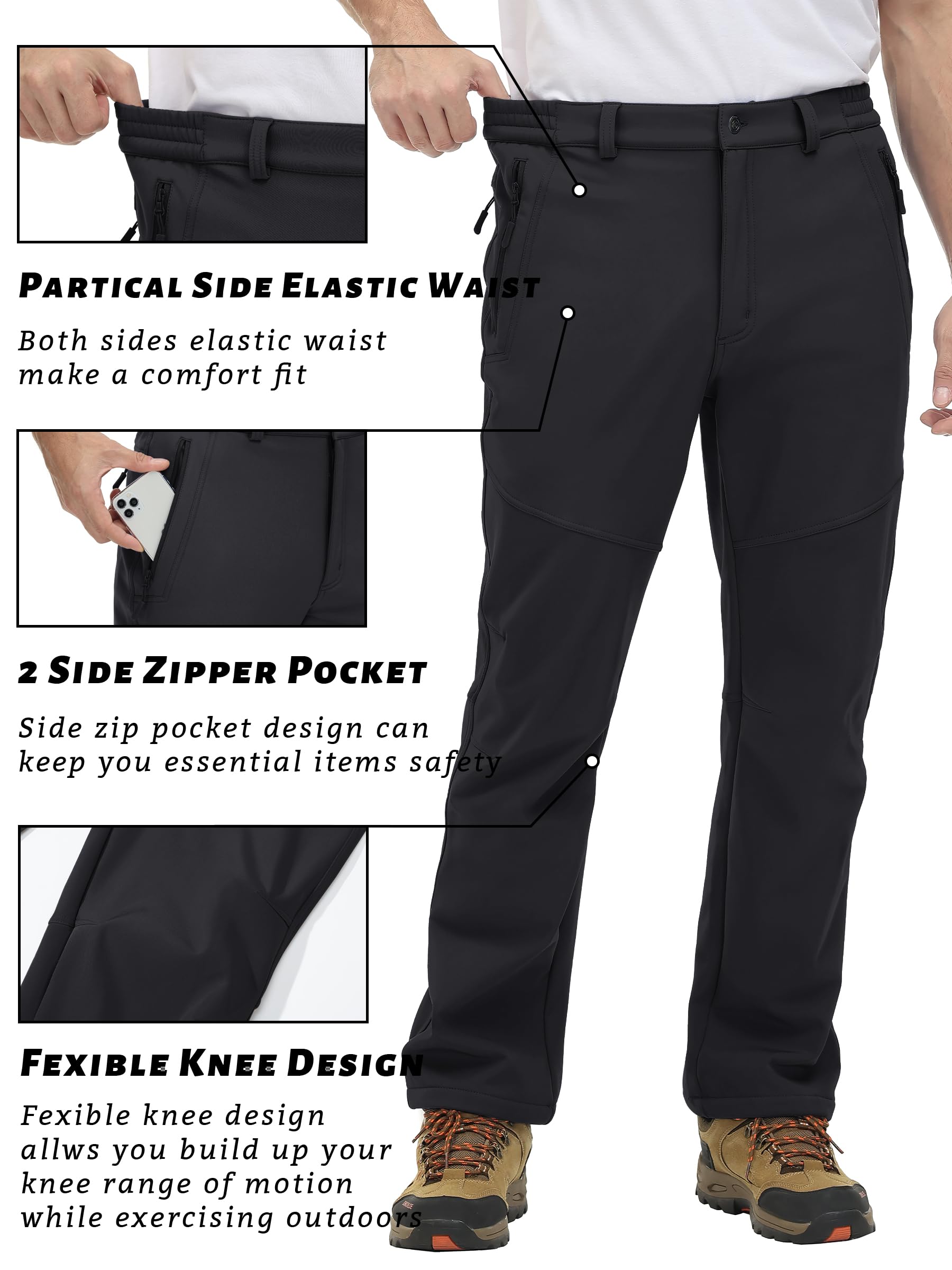 TACVASEN Men's Waterproof Snow Pants - Insulated Fleece Lined Winter Hiking Work Pants for Skiing, Snowboarding & Outdoor Activities | Windproof Soft Shell Cold Weather Gear