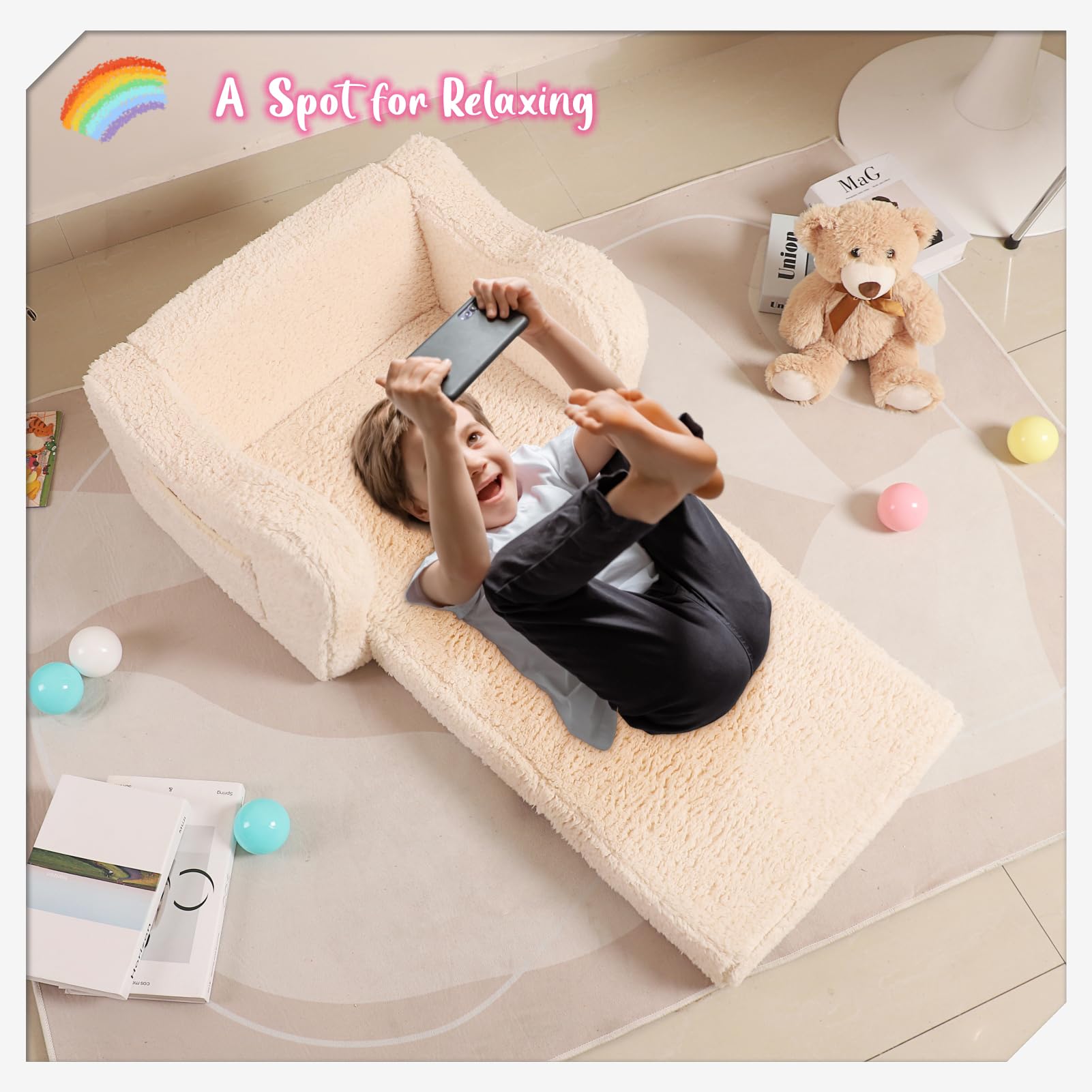 2-in-1 Convertible Toddler Chair - Soft Sherpa Kids Sofa & Lounger for Boys & Girls (Cream) | Perfect for Playroom, Nursery & Reading Nook