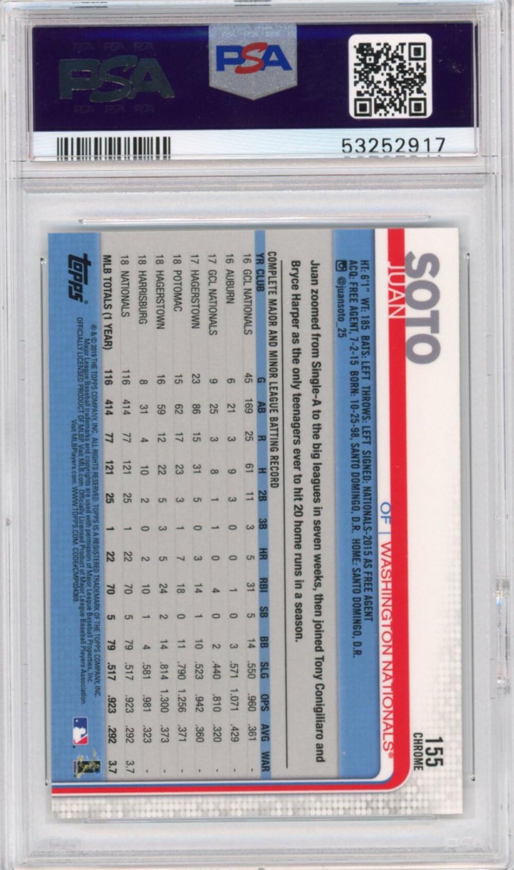 2019 Topps Chrome Juan Soto #155 Bat In One Hand Rookie Cup RC PSA 10 Gem Mint Baseball Card - Perfect for Collectors, Investment & Display in Sports Memorabilia Collections