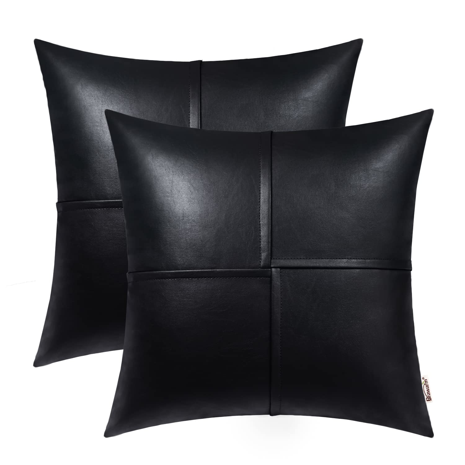 BRAWARM 22x22 Inch Faux Leather Throw Pillow Covers Set of 2 - Black Decorative Couch Pillows for Sofa, Bed, Living Room & Outdoor Use - Hand Stitched Luxury Home Decor for Indoor and Garden Spaces