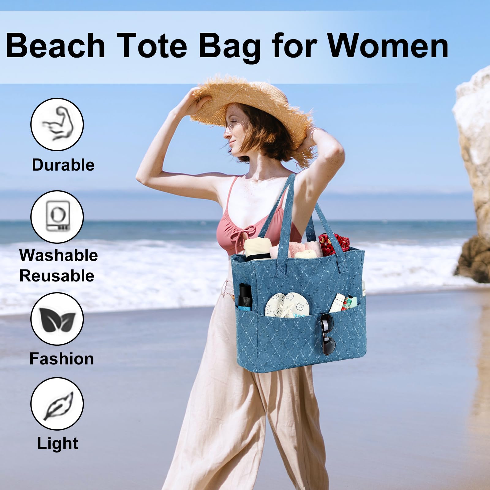 Waterproof & Sandproof Large Beach Tote Bag for Women - Extra Large Zippered Pool Bag with Wet Pocket - Perfect for Beach, Gym, Grocery Shopping & Travel