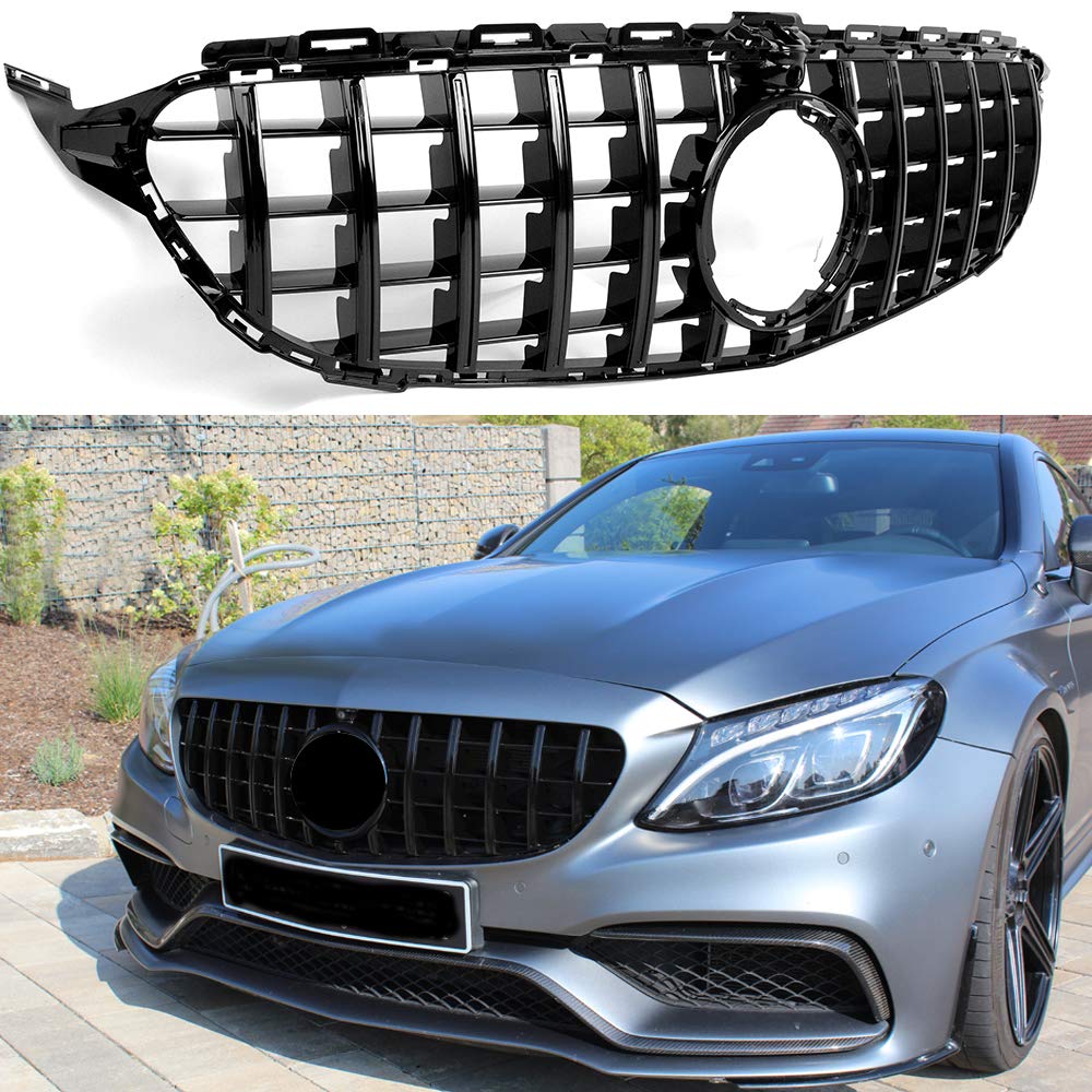 GT R Style Front Grille with Camera for Mercedes Benz C-Class W205 (2015-2018) - C180 C200 C250 C300 C400 Models - High Gloss Black Finish - Perfect for Car Enthusiasts & Performance Upgrades