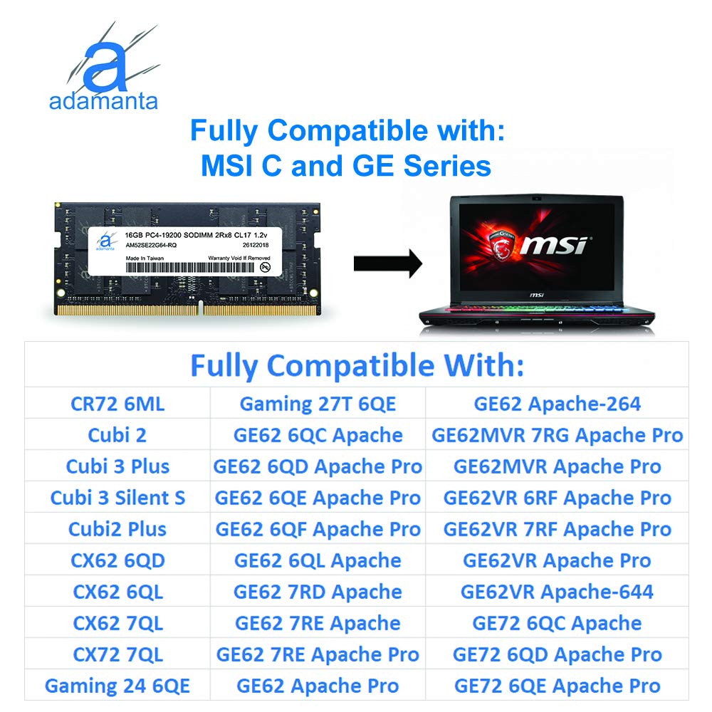 Adamanta 16GB (1x16GB) DDR4 2400MHz SODIMM Laptop RAM - Compatible with MSI GE/GF/GL/GV/PE/PL Series, PC4-19200, CL17, 1.2V - Perfect for Gaming Laptops, Workstations & Memory Upgrades