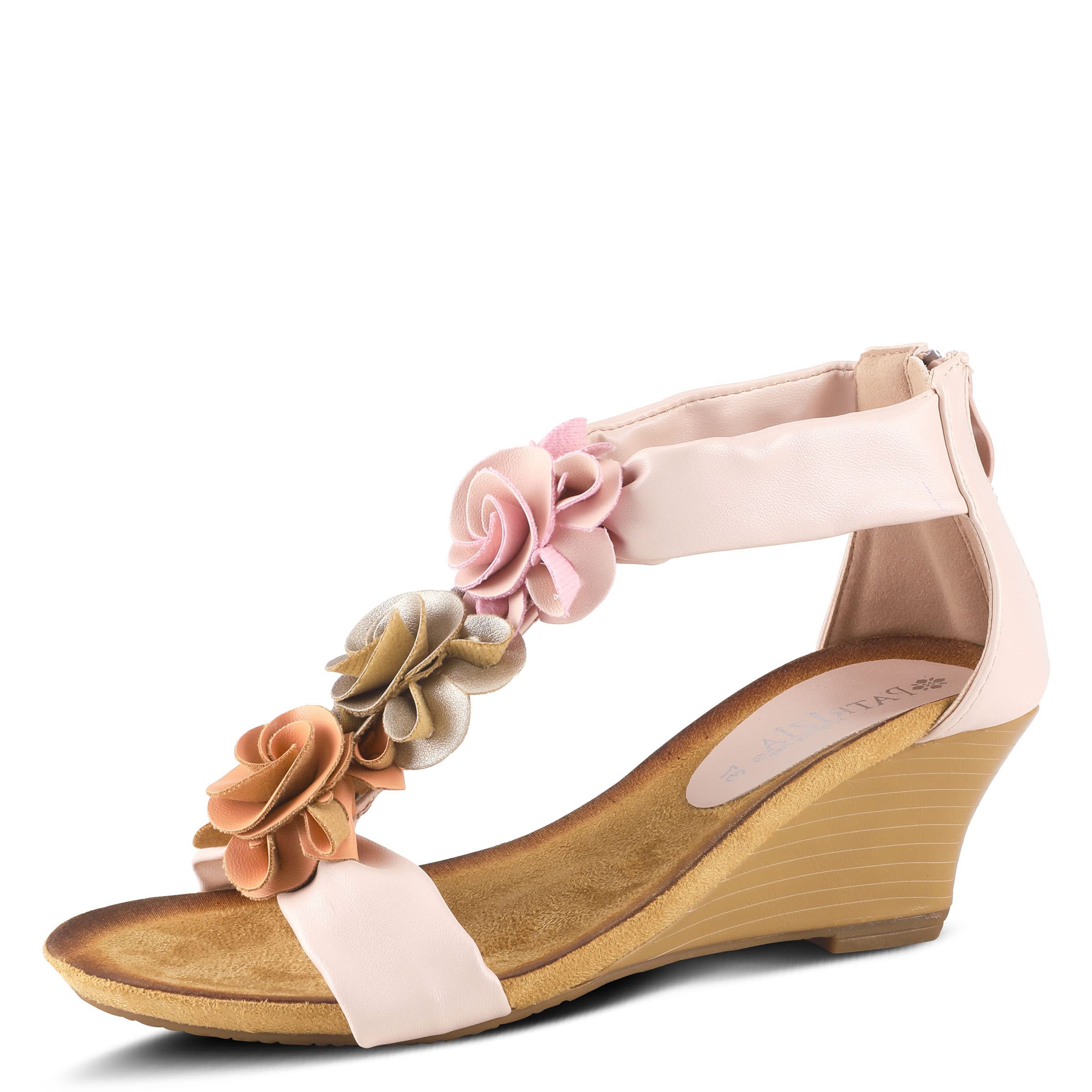 PATRIZIA Women's HARLEQUIN T-Strap Wedge Sandals with Floral Accents - Comfortable Cushioned Sole & Back Zipper Closure | Perfect for Summer Outfits, Beach Vacations & Casual Wear