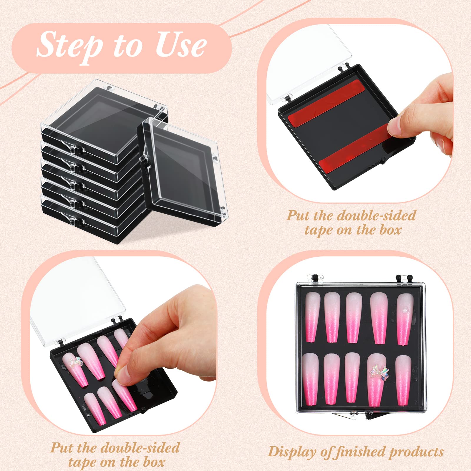 Landhoow 15 Pcs Press On Nail Boxes - Nail Display Case with 30 Adhesive Tapes, Artificial Press On Nail Container, Acrylic Storage Organizer (Black) - Perfect for Salon, Nail Art Business & Home Manicure Organization