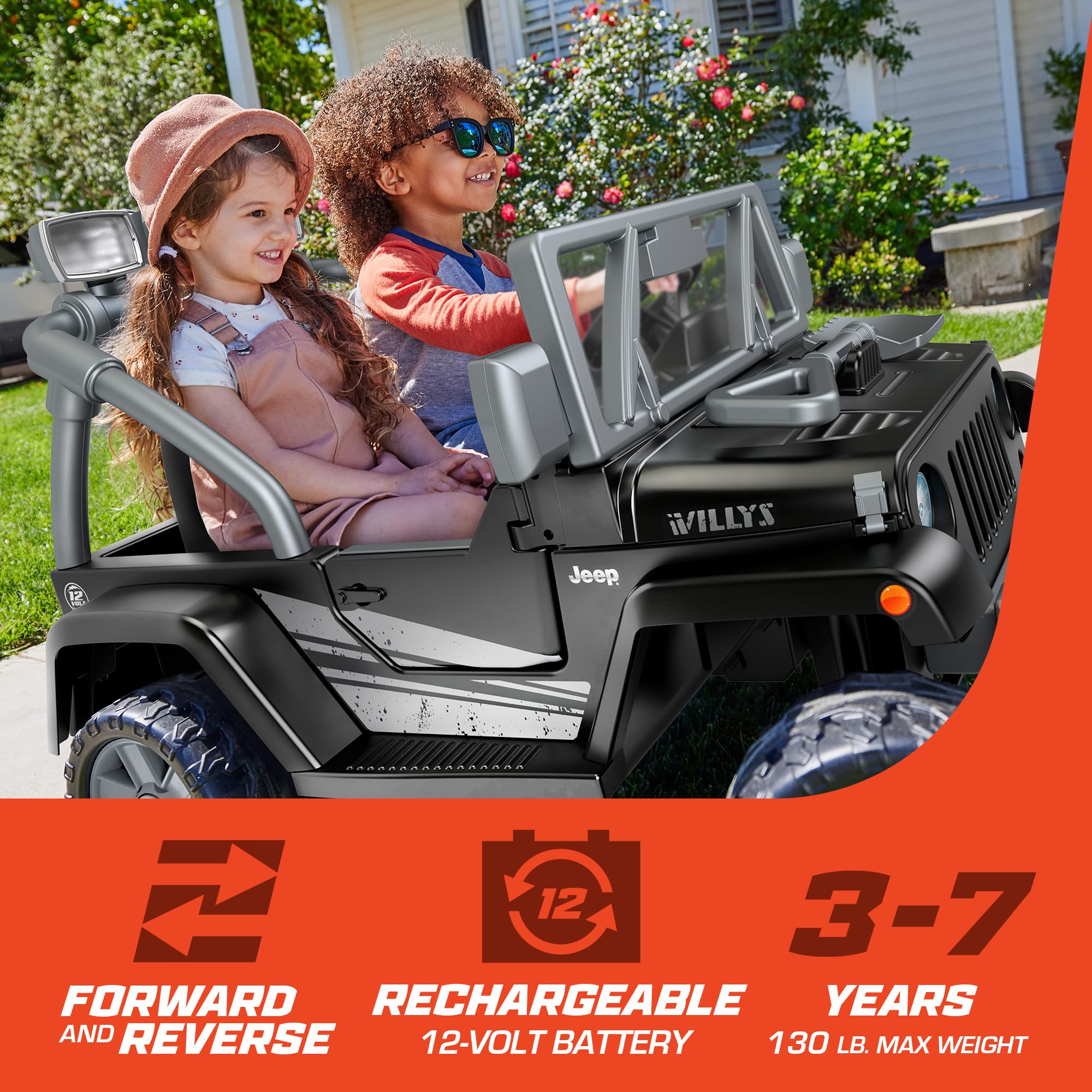 Power Wheels Jeep Wrangler Willys 12V Ride-On Car for Kids Ages 3-7 Years - Battery-Powered Toy Vehicle with Realistic Sounds & LED Lights - Outdoor Play Toy for Boys & Girls - Perfect for Driveway, Backyard & Park Adventures