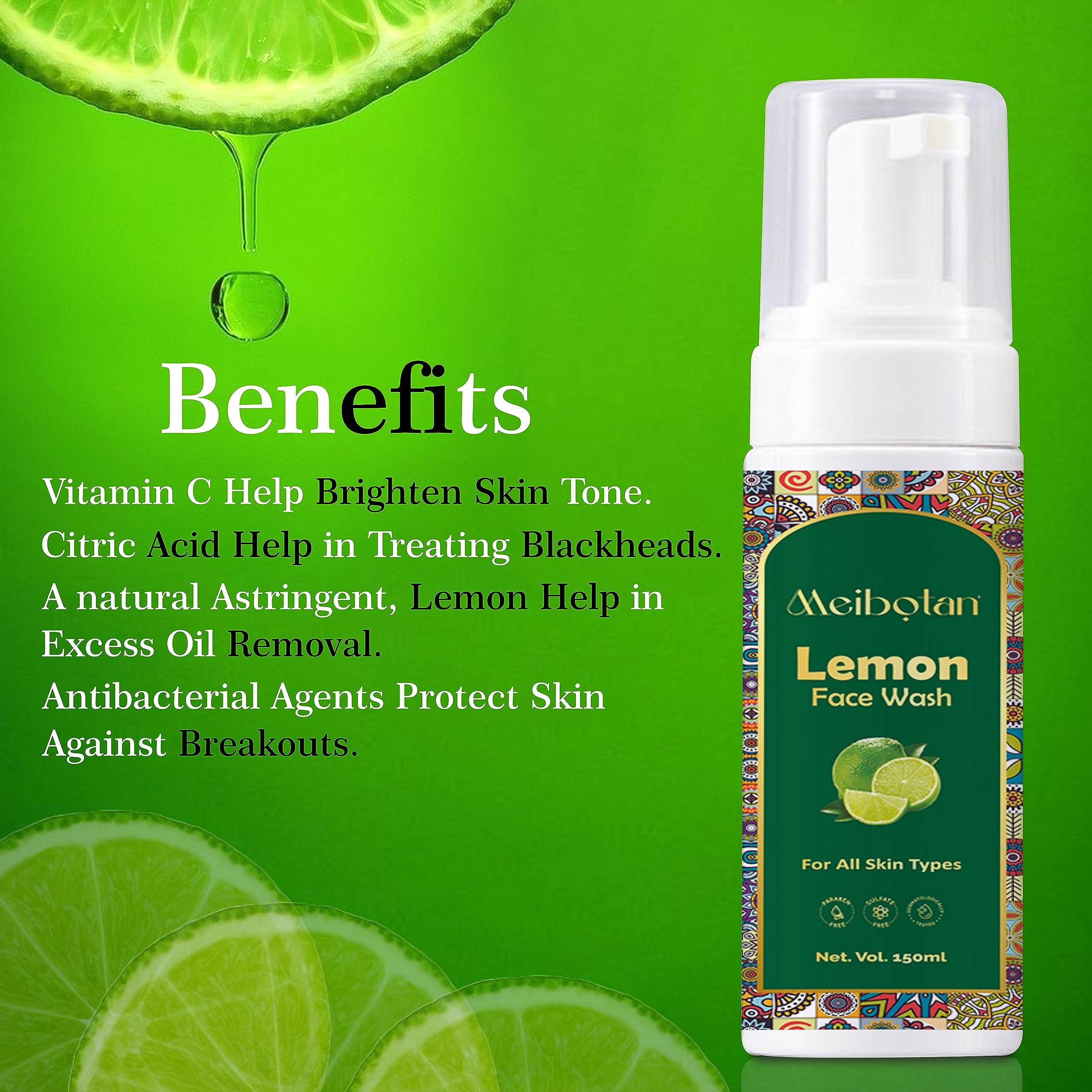 Meibotan Lemon Foaming Face Wash with Aloe Vera, Neem Extract & Glycerin - Acne Treatment, Skin Purifying, Sulfate & Paraben Free (150ml) | Gentle Cleanser for Oily & Sensitive Skin | Perfect for Daily Skincare Routine