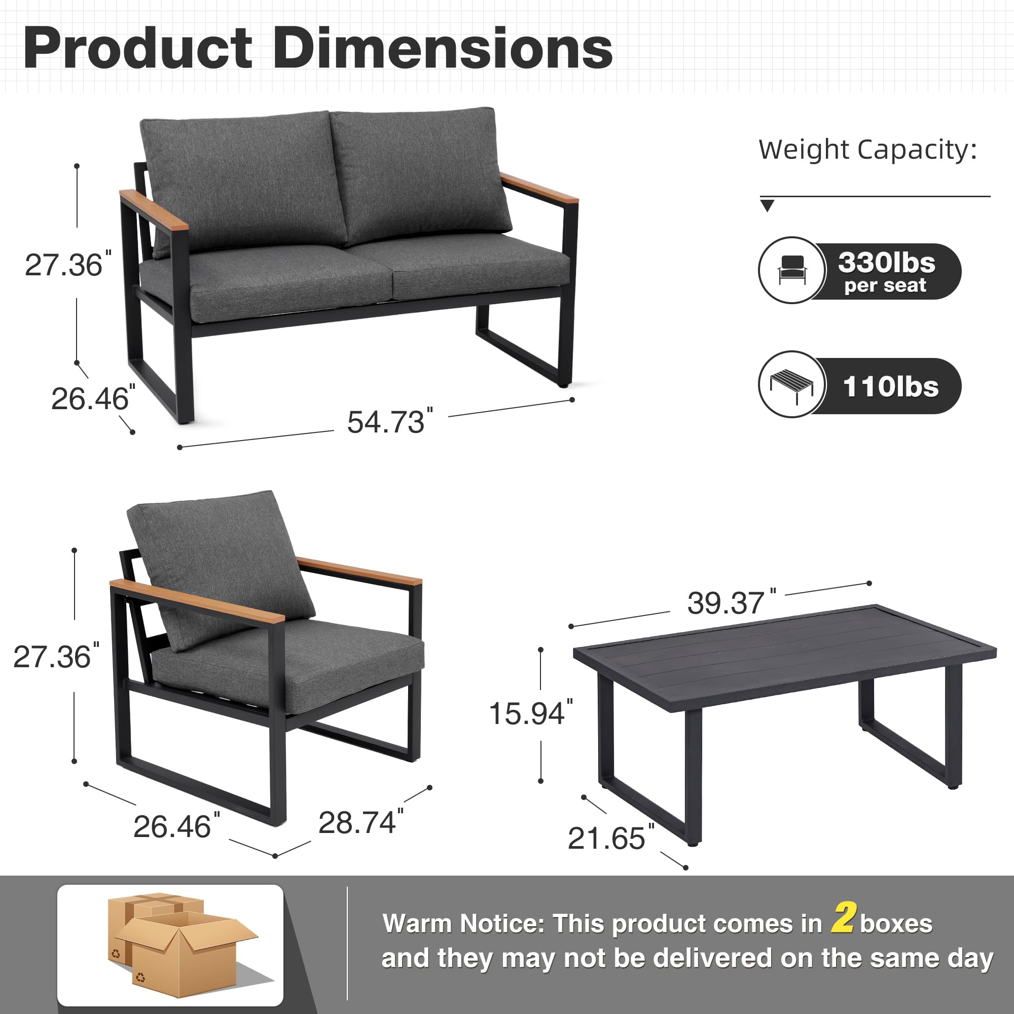 4-Piece Outdoor Patio Furniture Set with Table - Durable Metal Frame & Washable High-Resiliency Sponge Cushions in Grey - Perfect for Garden, Backyard, Deck or Poolside Relaxation