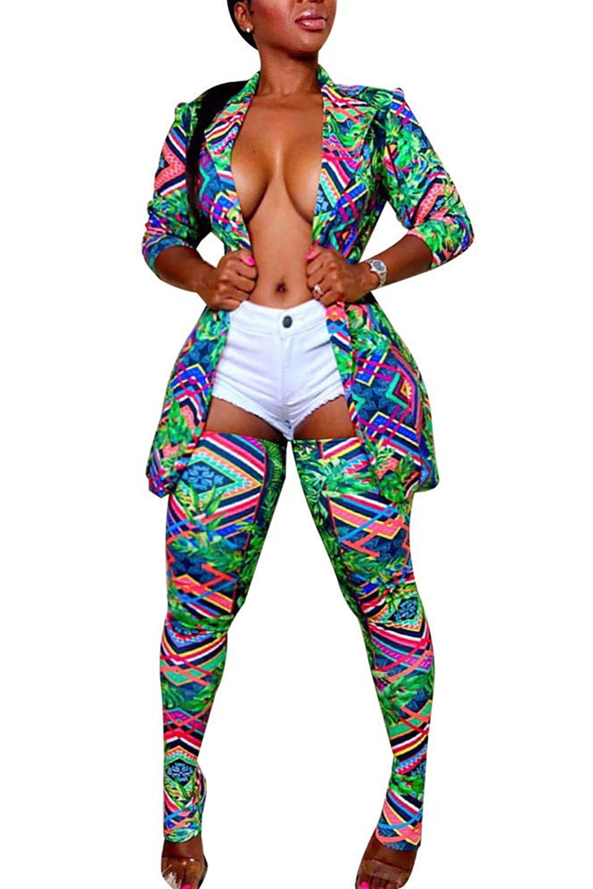 Sexy Women's 2-Piece Outfit Set - Open Front Blazer Jacket with Thigh-High Stockings & Leggings | Office Wear, Night Out, Cosplay Costume