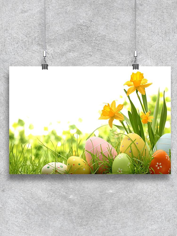 Easter Eggs Hiding in The Grass Poster - Spring Decor Wall Art - Perfect for Easter Party, Home Decor, Nursery & Classroom