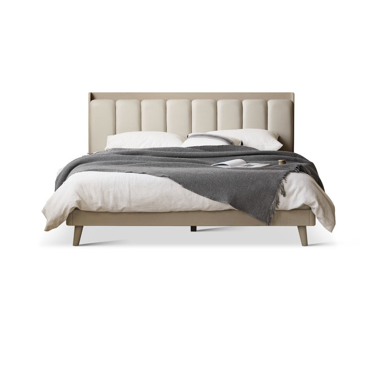 Premium Oak Solid Wood Piano Key Bed Frame with High-Tech Fabric Upholstery – Perfect for Modern Bedrooms, Guest Rooms & Luxury Home Decor