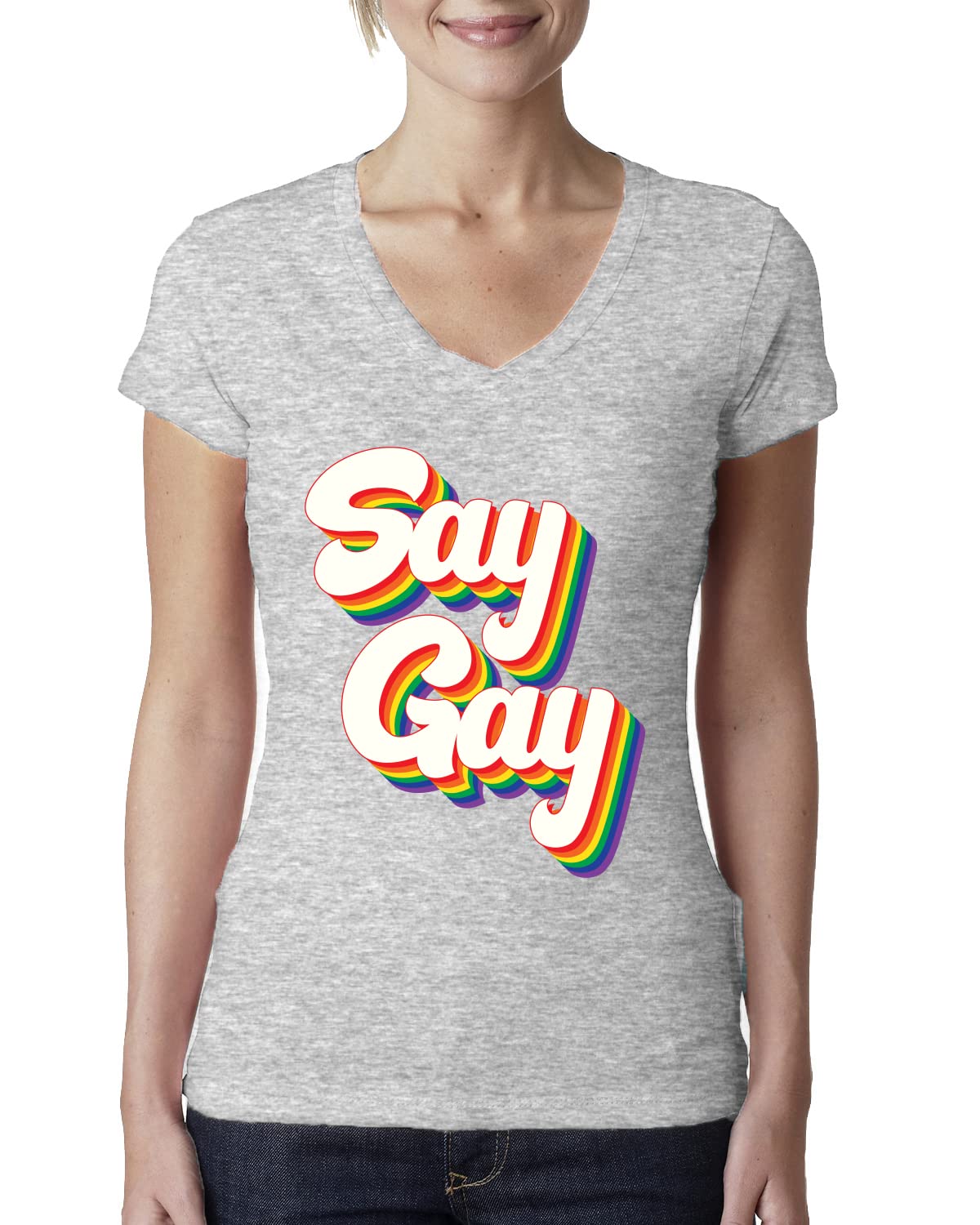 Retro Vintage Rainbow LGBT Pride Women's Junior Fit V-Neck Tee - Say Gay - Perfect for Pride Parades, LGBTQ+ Events & Casual Wear