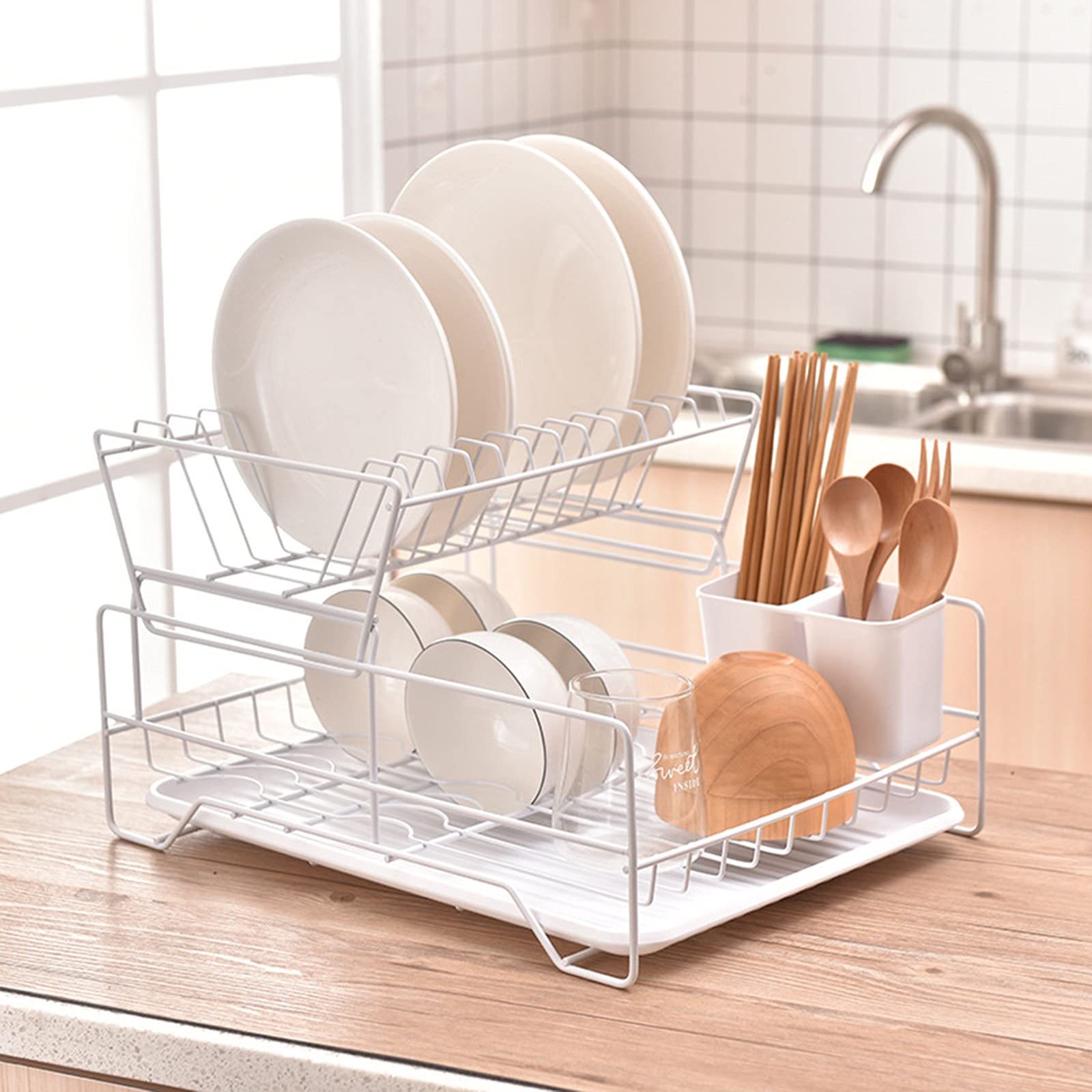 Stainless Steel Dish Drying Rack - Double Layer Kitchen Countertop Organizer with Utensil Holder - Space Saving Dish Drainer for Plates, Bowls & Cups - Perfect for Small Kitchens, Apartments & RVs (White)