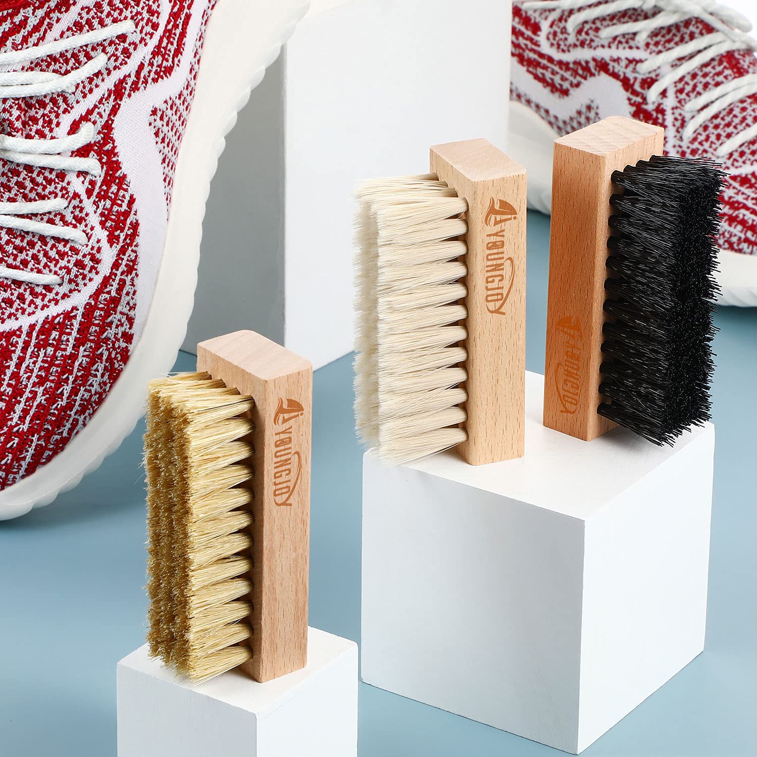 YoungJoy 3-Piece Dual-Sided Sneaker Cleaning Brush Set - Soft Boar & Plastic Bristles with Microfiber Cloth - Perfect for Cleaning Shoes, Sneakers, Boots & Sports Gear at Home or On-The-Go
