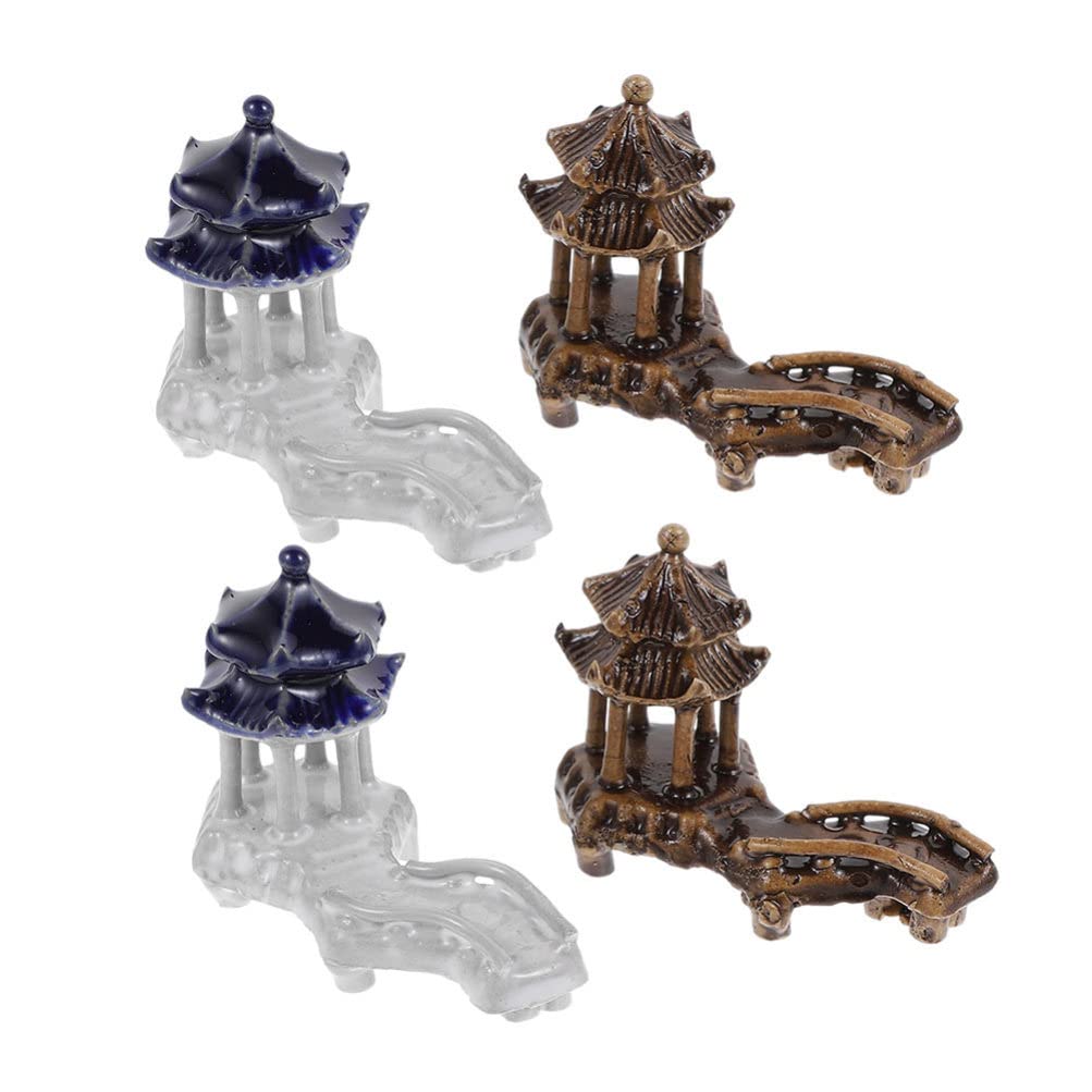 Vintage Ceramic Pavilions Aquarium Decor - 4pcs Weighted Fish Tank Ornaments with Human Landscape Design for Desktop & Aquarium Decoration | Perfect for Home, Office, and Zen Garden Aquascaping