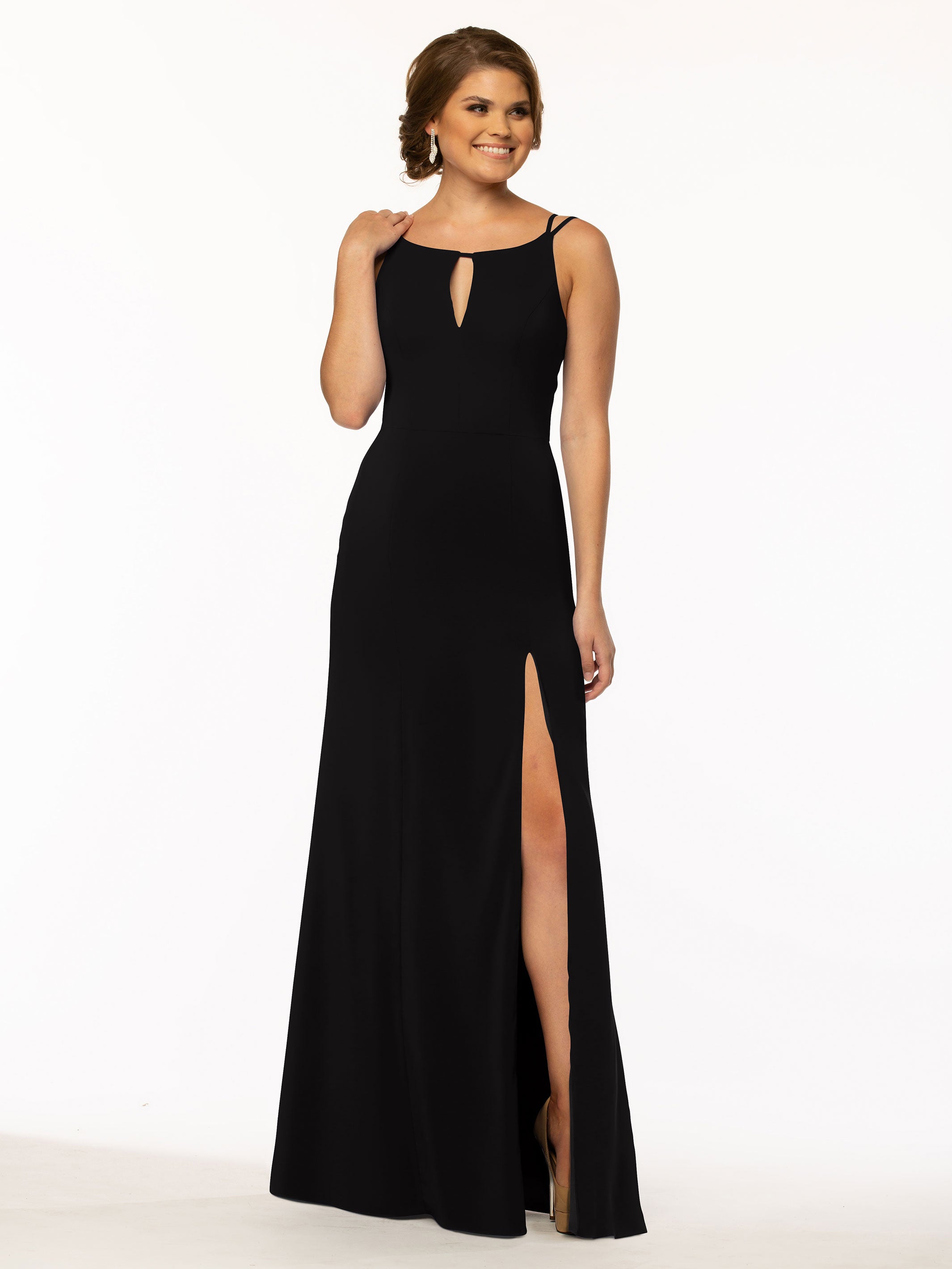 Elegant 83030 Sheath Stretch Chiffon Bridesmaid Dress with Bateau Neckline & Thigh Slit - Perfect for Weddings, Formal Events & Special Occasions