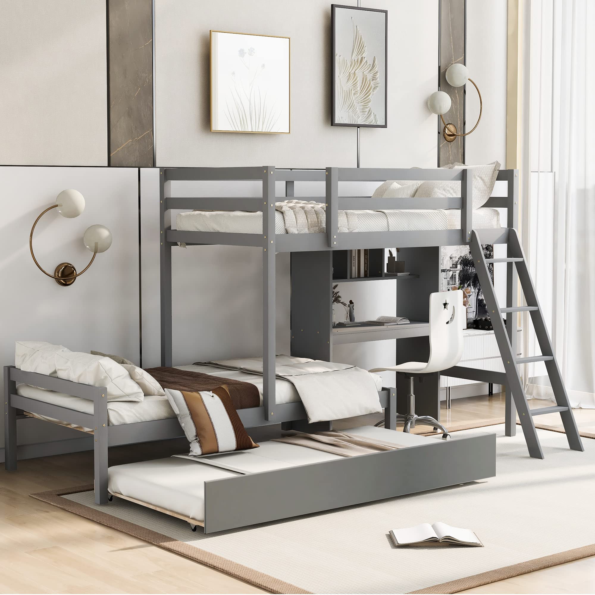 Convertible Twin Over Twin Wooden Bunk Bed with Built-in Desk, Bookshelves & Trundle - 3-in-1 Space Saving Design (Gray) - Perfect for Kids' Bedrooms, Guest Rooms & Small Spaces