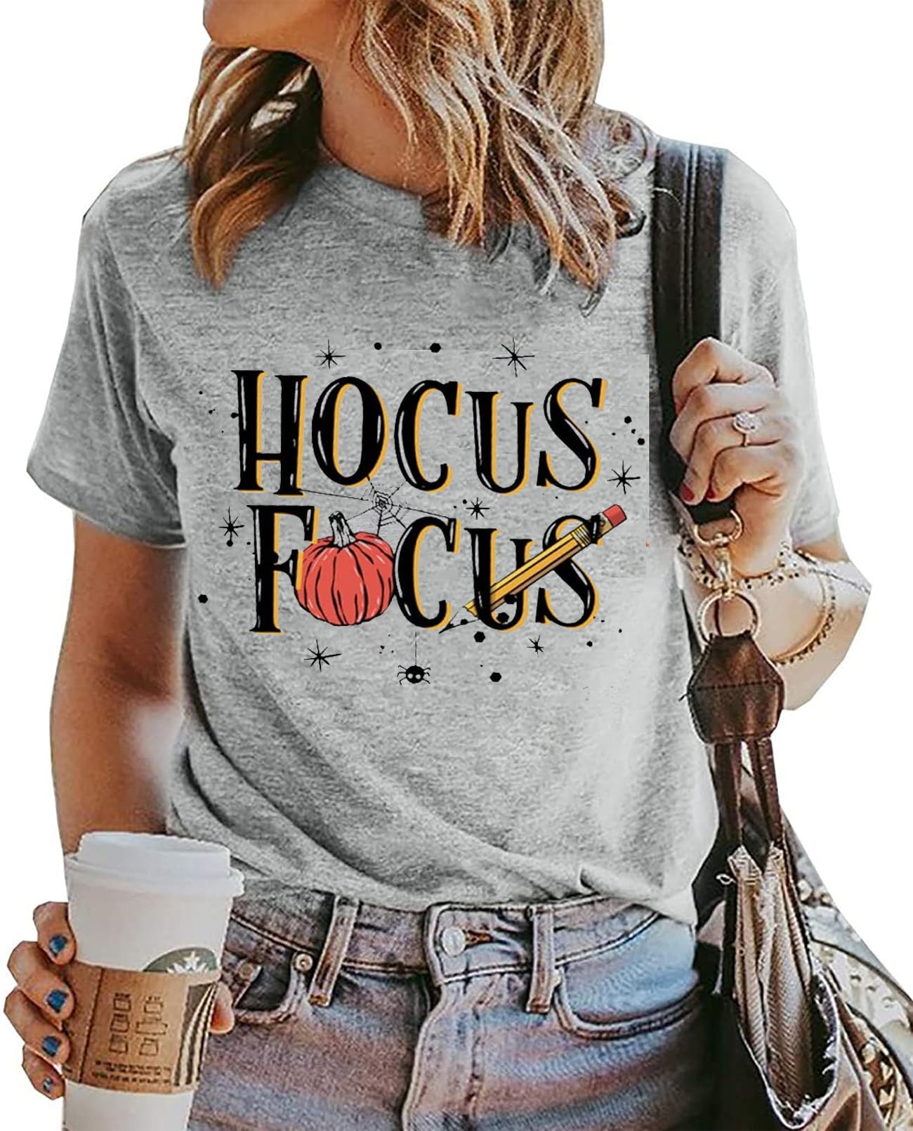 Halloween Teacher Shirts for Women - Hocus Pocus Bleached T-Shirt with Cute Pumpkin Graphic | Fall Short Sleeve Top for Classroom, Halloween Party & Autumn Outfits