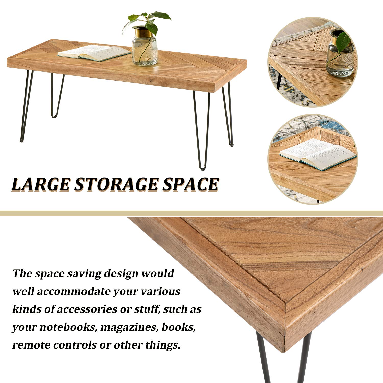 Modern Industrial Coffee Table - Easy Assembly Metal Cocktail Table with Glossy Finish for Living Room, Lounge, or Office (Nature Rough) - Perfect for Entertaining, Relaxing & Stylish Home Decor