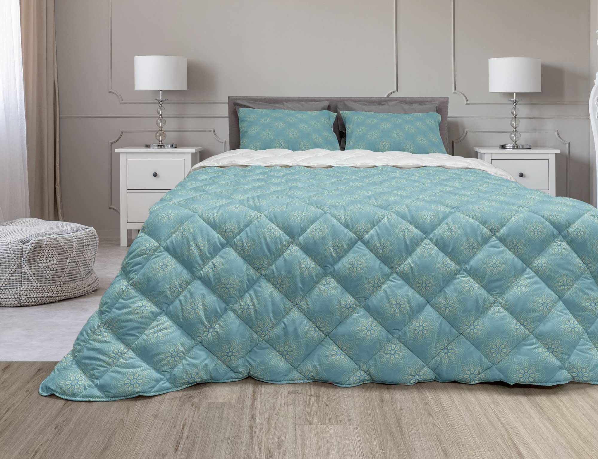 Ambesonne Abstract Floral Comforter Set - Twin Size Microfiber Duvet Cover with Sham, Cadet Blue & Pale Green Modern Bedding | Perfect for Guest Rooms, Dorm Decor & Bohemian Style Bedrooms